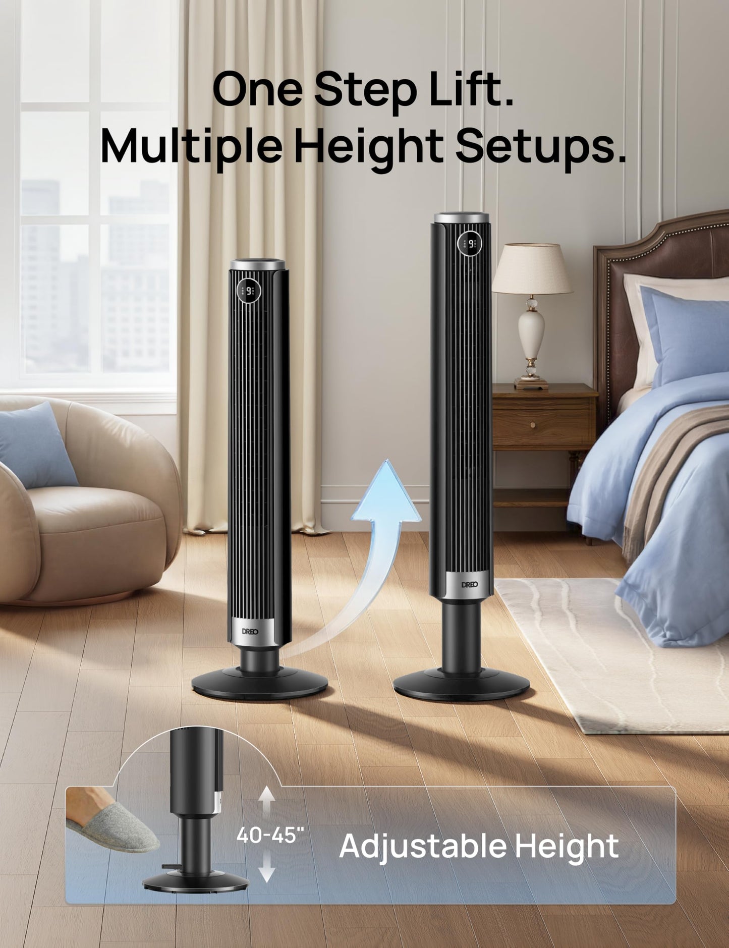 DREO Smart Tower Fan for Bedroom, 40”-45” Adjustable Height, 9 Speeds