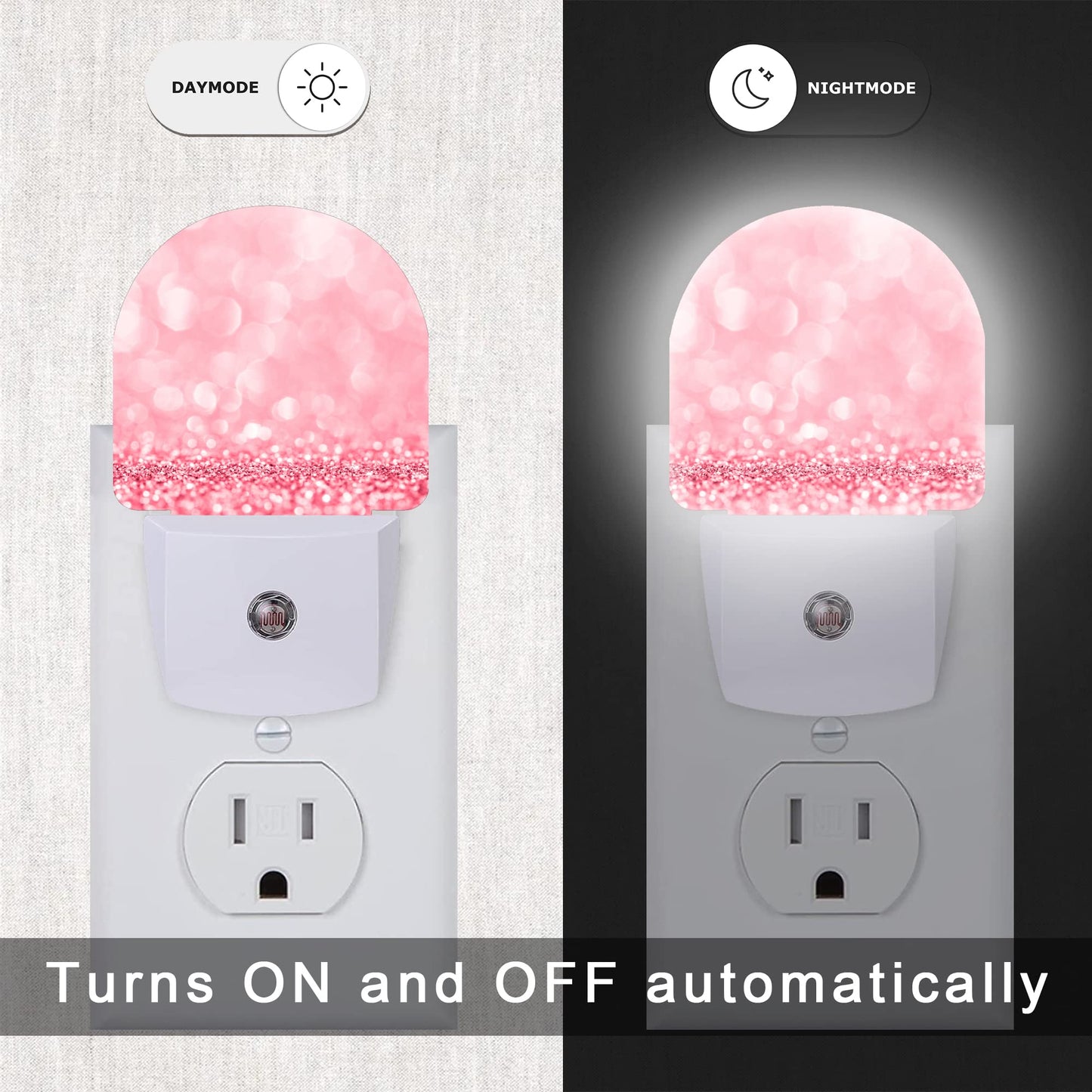 AOWULA Pink Glitter Night Light,Night Lights Plug into Wall Decor for Stairway/Hallway/Kitchen,Dusk to Dawn Sensor Nightlights