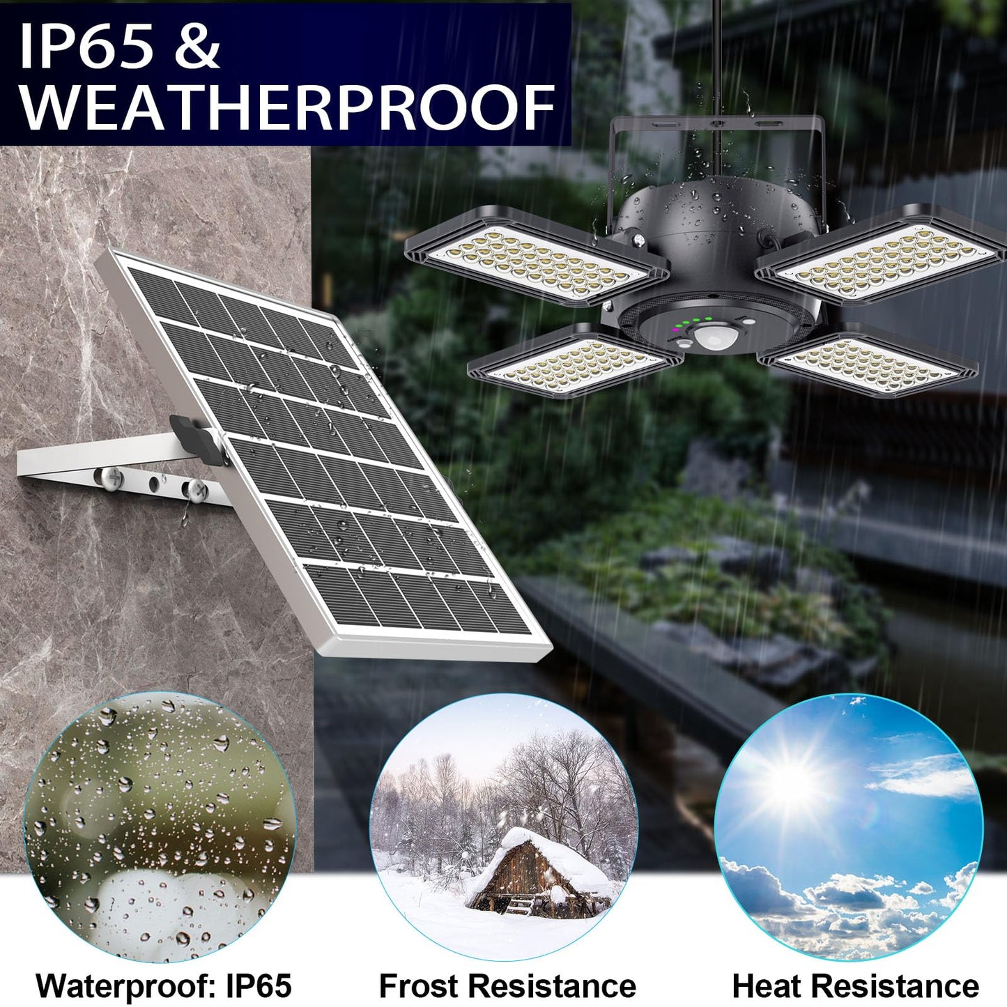 INXPHY Solar Shed Light, 1200LM 144LED Motion Sensor Pendant Light, 5 Lighting Modes Remote Control 4-Leaf 120° Adjustable, IP65 Waterproof Split