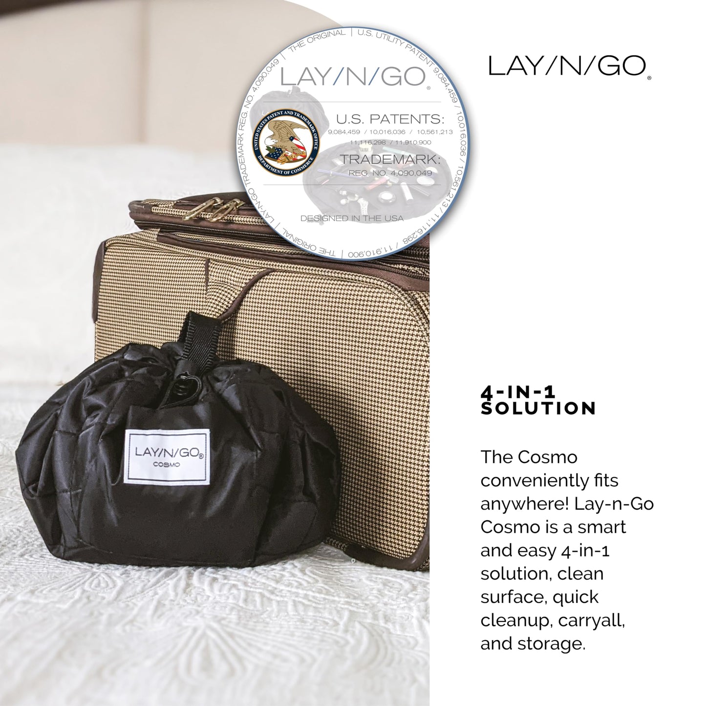 Lay-n-Go Cosmo 20" Drawstring Makeup Bag – Portable Cosmetic Organizer with Zipper Pocket & Loops, Washable Travel Toiletry Bag (Black)