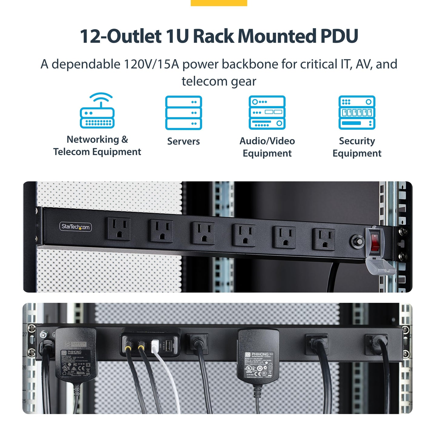 StarTech.com 12-Outlet Rackmount PDU, 1U Server Power Strip, Wide-Spaced Right-Angle Ports, Mounted Power Distribution Unit