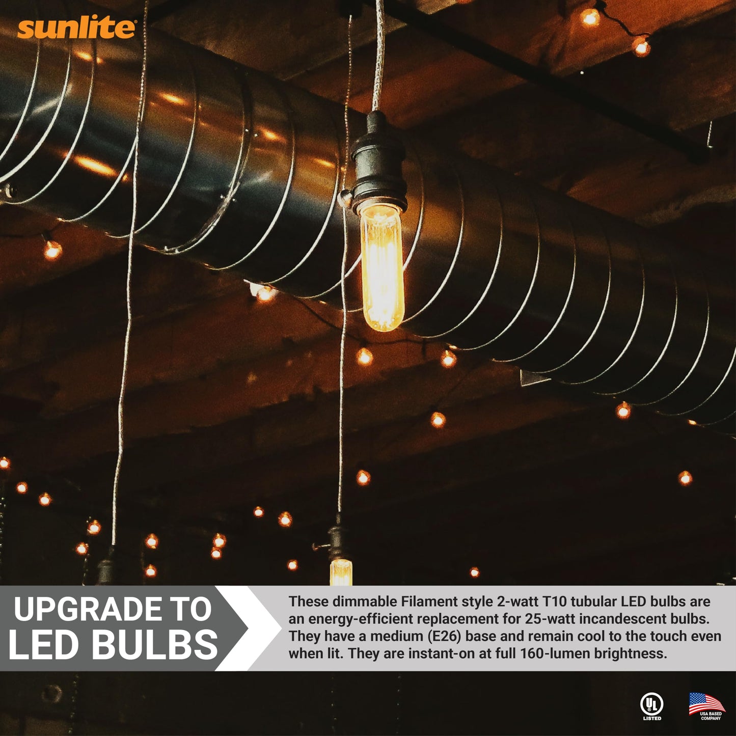 Sunlite LED Filament T10 Tubular Light Bulb, 2 Watts (25W Equivalent), 160 Lumens, Medium E26 Base, 120 Volts, Dimmable, 90 CRI, UL Listed, Clear