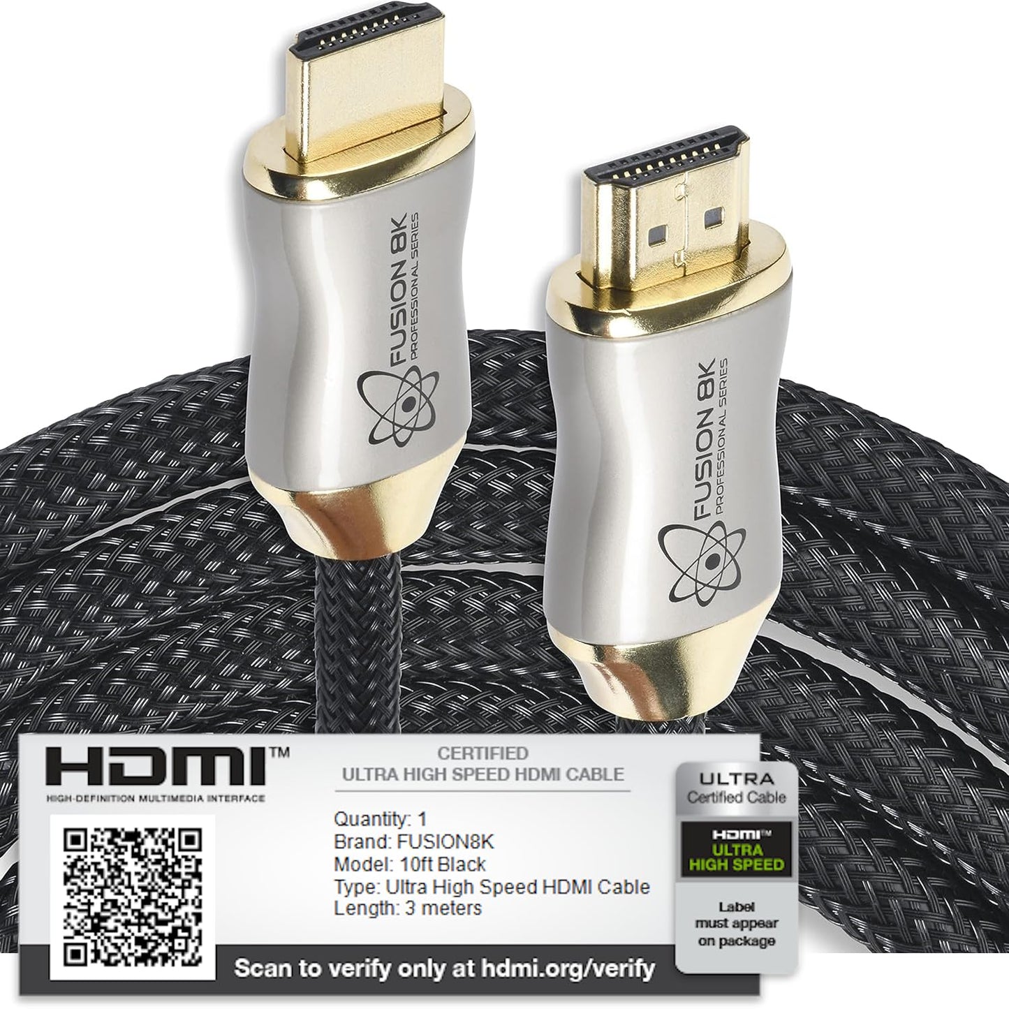 Fusion8K HDMI 2.1 Certified Cable Supports 10K 8K @60Hz and 4K @120Hz Compatible with All TVs, BluRay, Xbox Series X, PS5 (10 Feet)