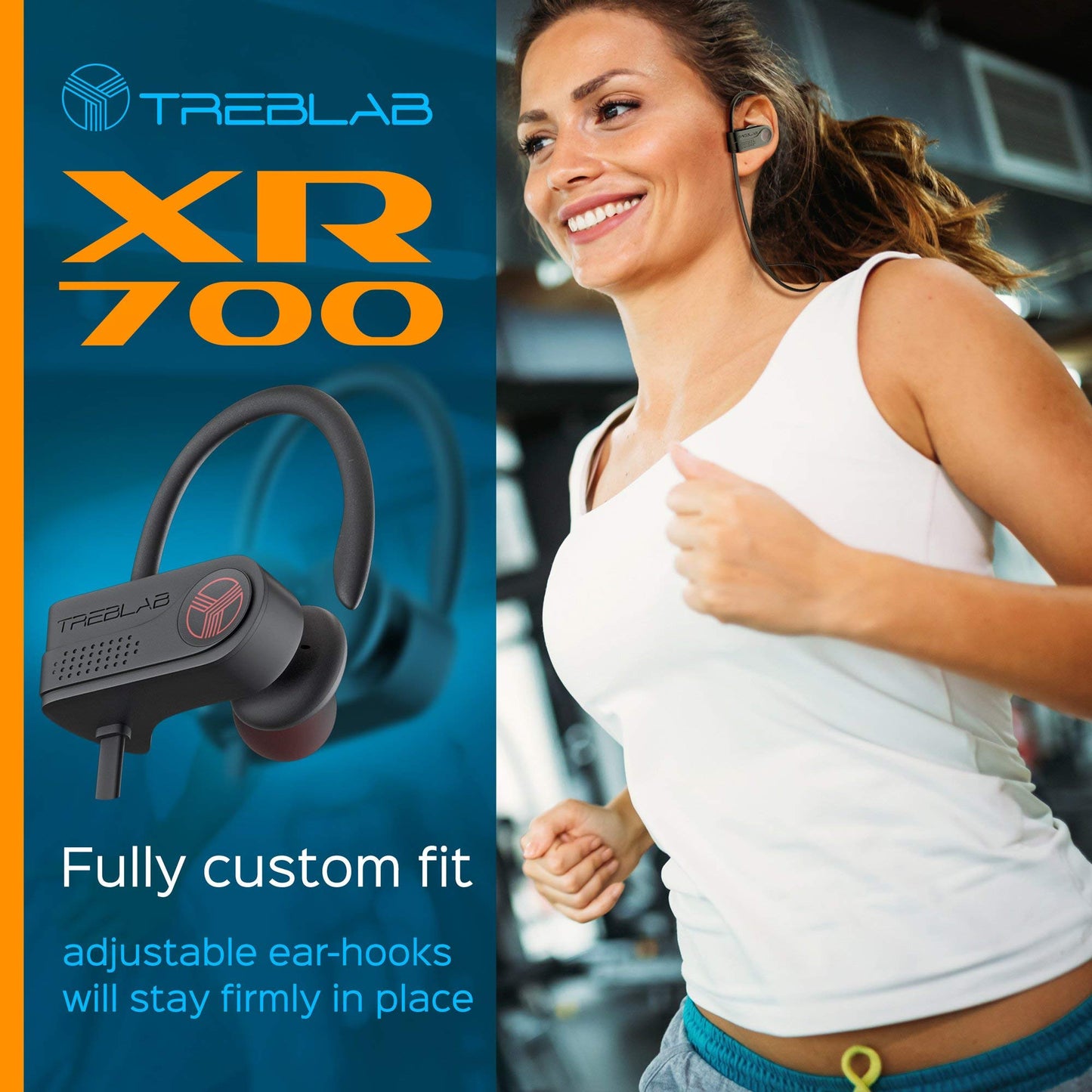 TREBLAB XR700 Wireless Earbuds - Bluetooth 5.0, IPX7 Waterproof, Noise Cancelling, Adjustable Earhooks, 9H Battery, Deep Bass, Mic - Sports Running