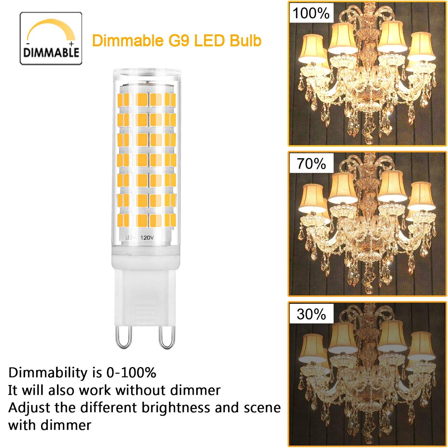 YUIIP G9 LED Bulb Dimmable 6W Warm White 3000K, T4 G9 Ceramic Bi-pin Base Light Bulbs AC 120V 530LM, 50W 60W Halogen Bulb Equivalent, G9 Light Bulbs