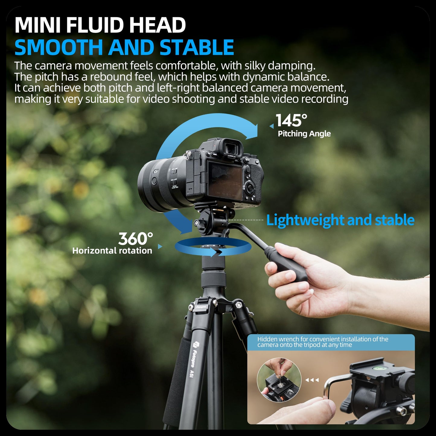 Fotopro 73'' Camera Tripod, Foldable Aluminum Tripod/Monopod, Detachable Fluid Head with Quick Release Plate, Lightweight Tripod for Camera, Phone