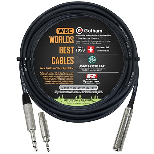 WORLDS BEST CABLES 25 Foot - Gotham GAC-4/1 Star-Quad Stereo Headphone Extension Cable & Neutrik TRS Plug to Neutrik-Rean ¼ inch 3-Pole Jack + 3.5 mm…