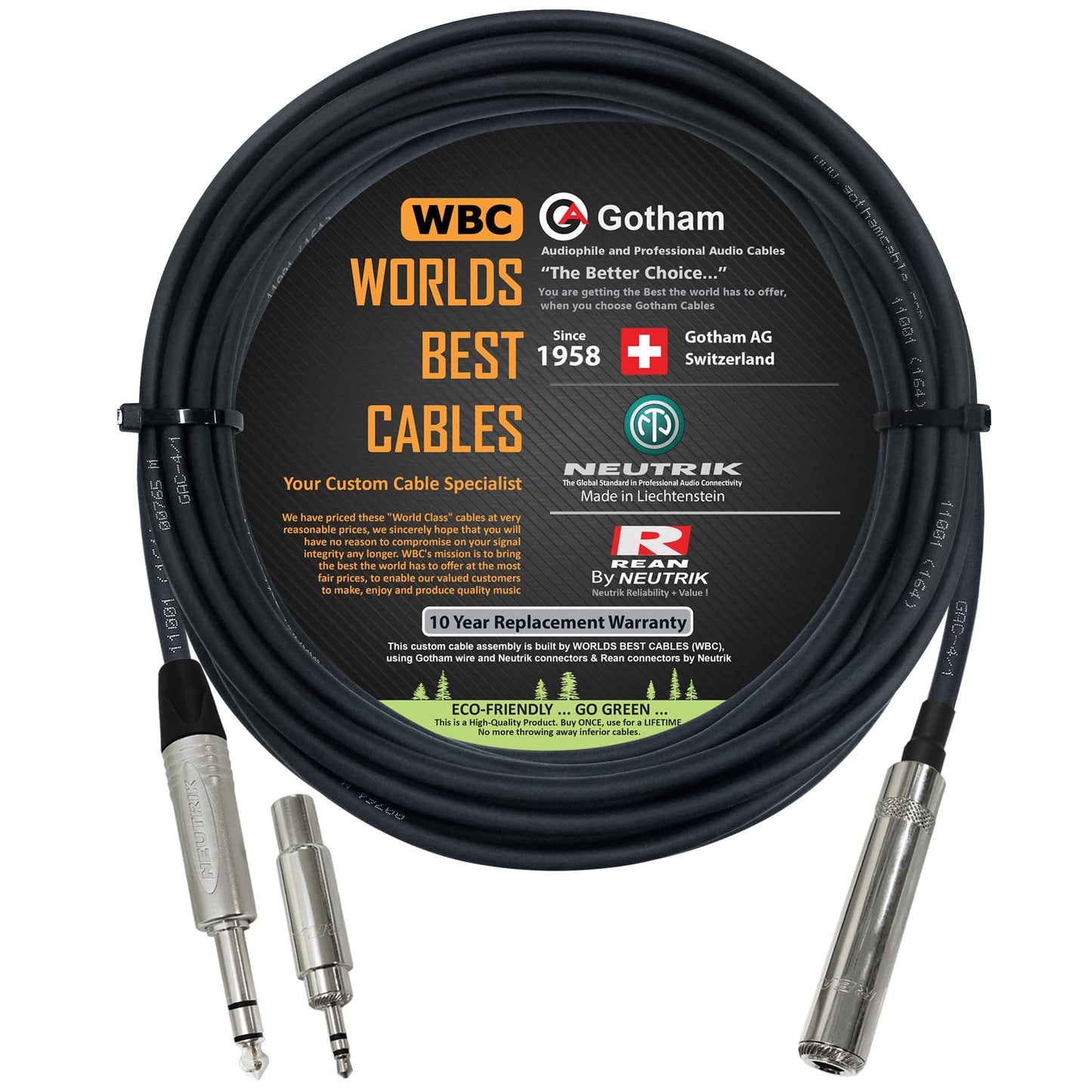 WORLDS BEST CABLES 25 Foot - Gotham GAC-4/1 Star-Quad Stereo Headphone Extension Cable & Neutrik TRS Plug to Neutrik-Rean ¼ inch 3-Pole Jack + 3.5 mm…