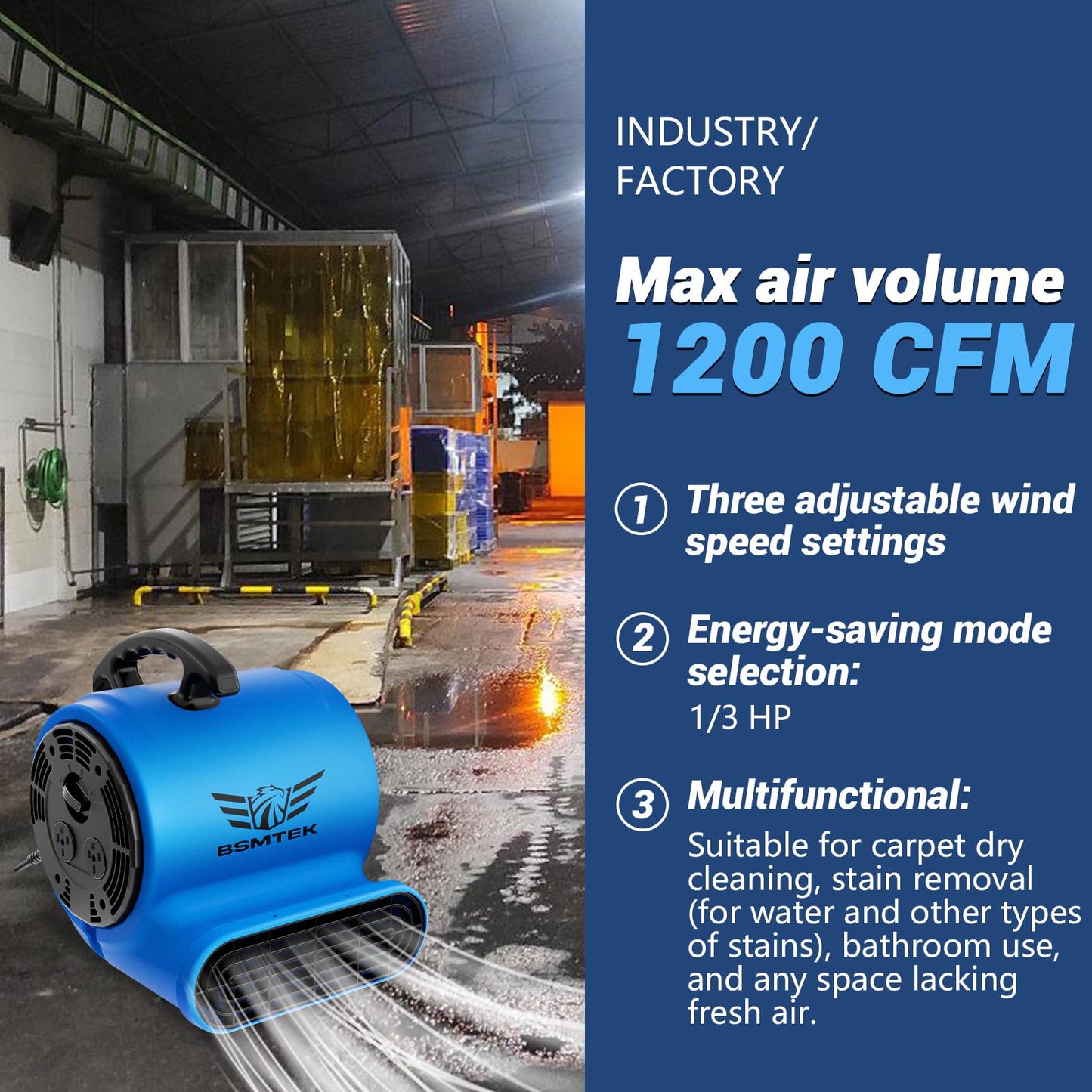 BSMTEK 1200CFM Air Mover Blower Fan, Industrial 1/3HP Monster Floor Blower Carpet Dryers - 3 Speeds Switch, 4 Adjustable Angles, 15FT Long Cord