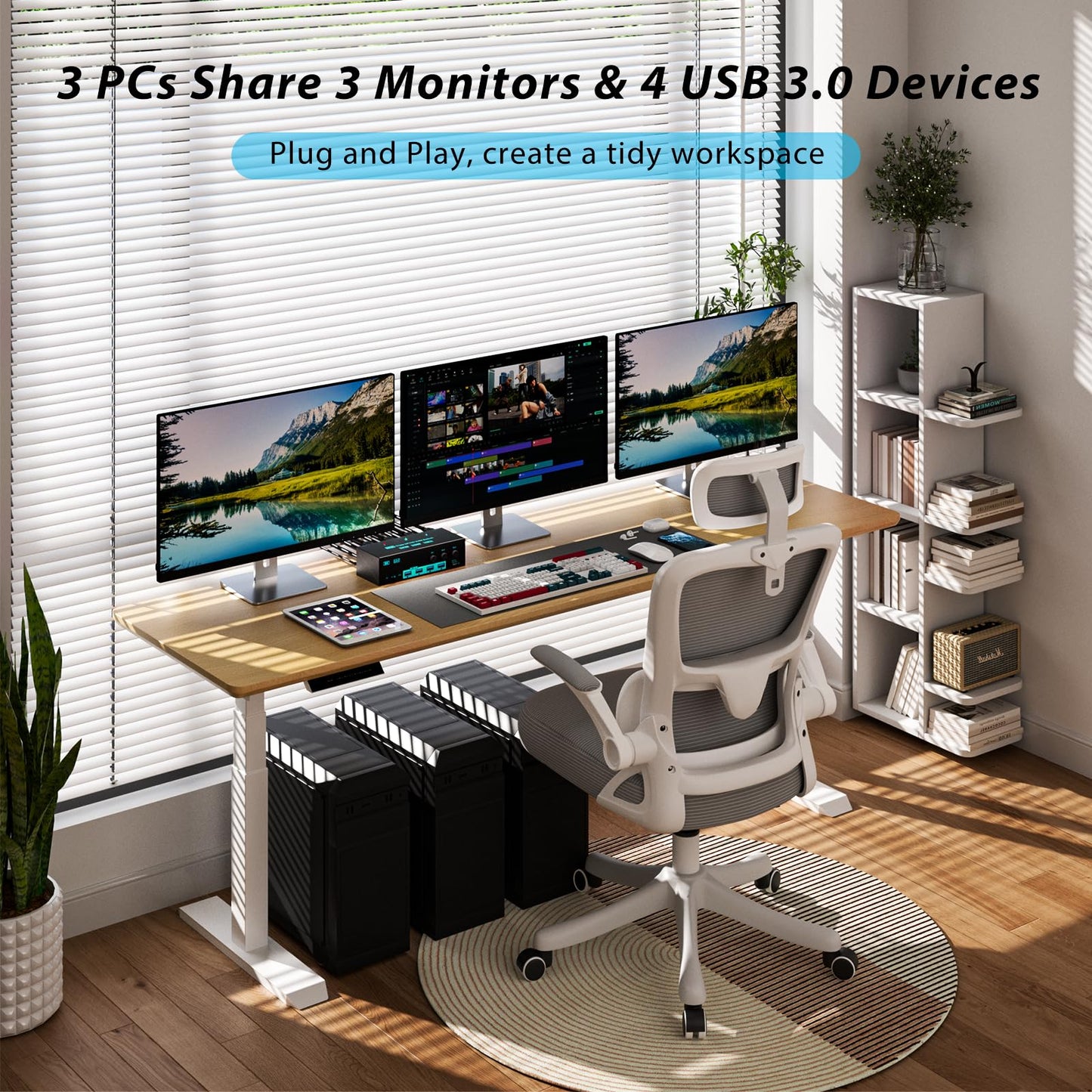 8K/4K KVM Switch 3 Monitors 3 Computers Triple Monitor 3 Port 2 Displayport 1.4 and HDMI 2.1 USB 3.0 KVM Switches, DP 1.4 Supports 8K@30Hz/4K@144Hz