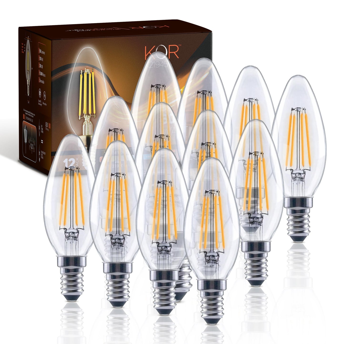 KOR 12-Pack Dimmable LED Candelabra Bulbs, E12 B11, 60W Eq, 2700K