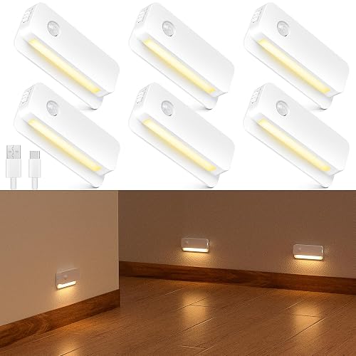 Valytime 6 Pack Motion Sensor Night Light, Rechargeable Stair Lights Indoor, Warm White Motion Sensor Light Indoor, Battery Operated Night Light