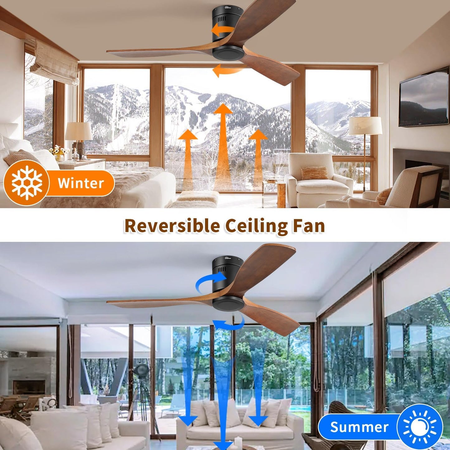 Sofucor 52 Inch Wood Ceiling Fan No Light, Flush Mount, Brown