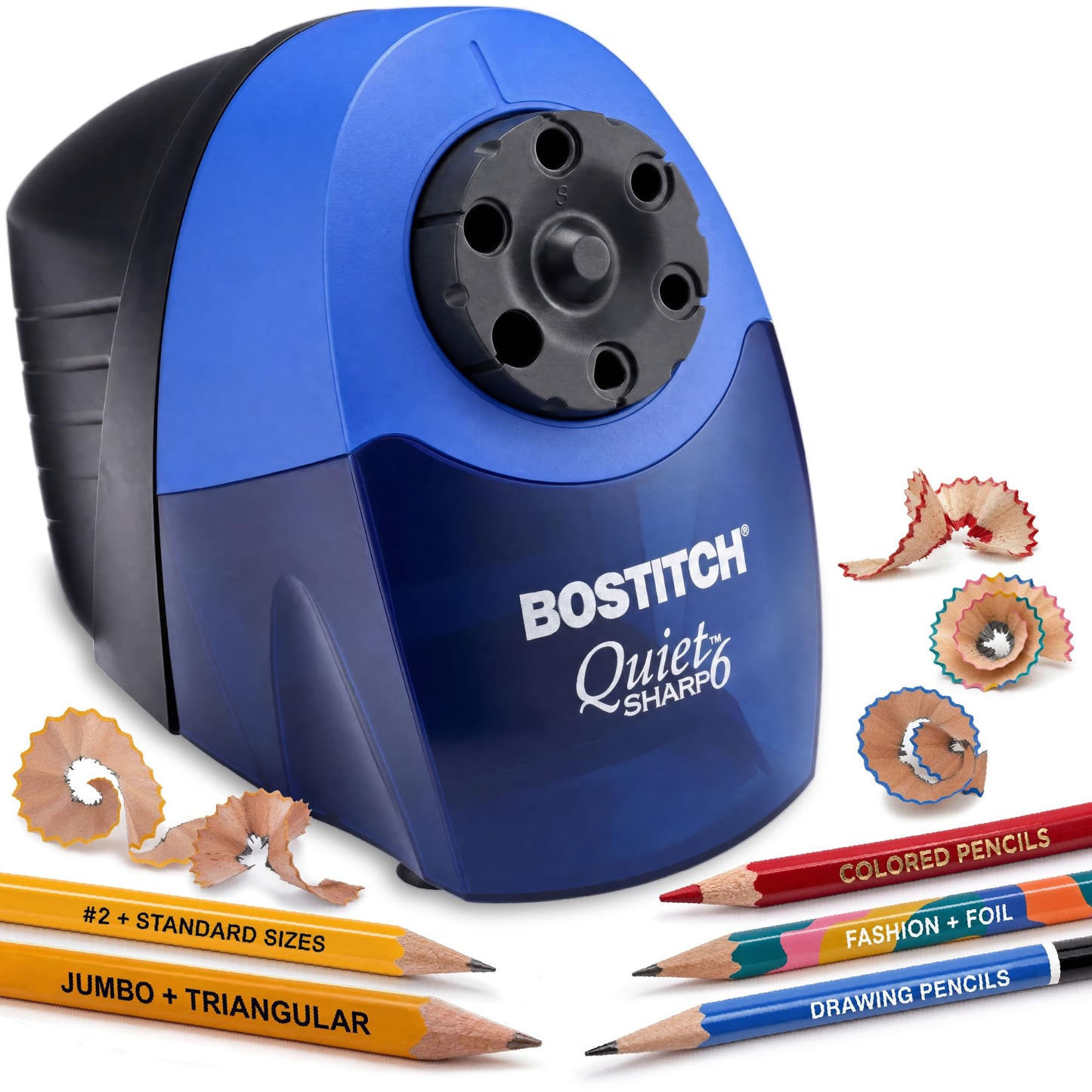 Bostitch Office QuietSharp Electric Pencil Sharpener, Heavy Duty Classroom or Office Use, with 6 Size Options, Blue