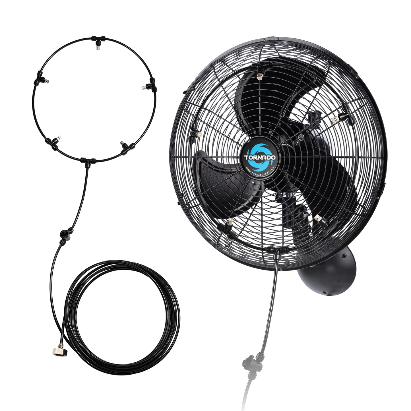 Tornado 16 Inch Outdoor Wall Mount Fan with Pre-Installed Misting Kit for Patio Barn Greenhouse, 3-Speed Ball Bearing Motor, 3300 CFM High Velocity