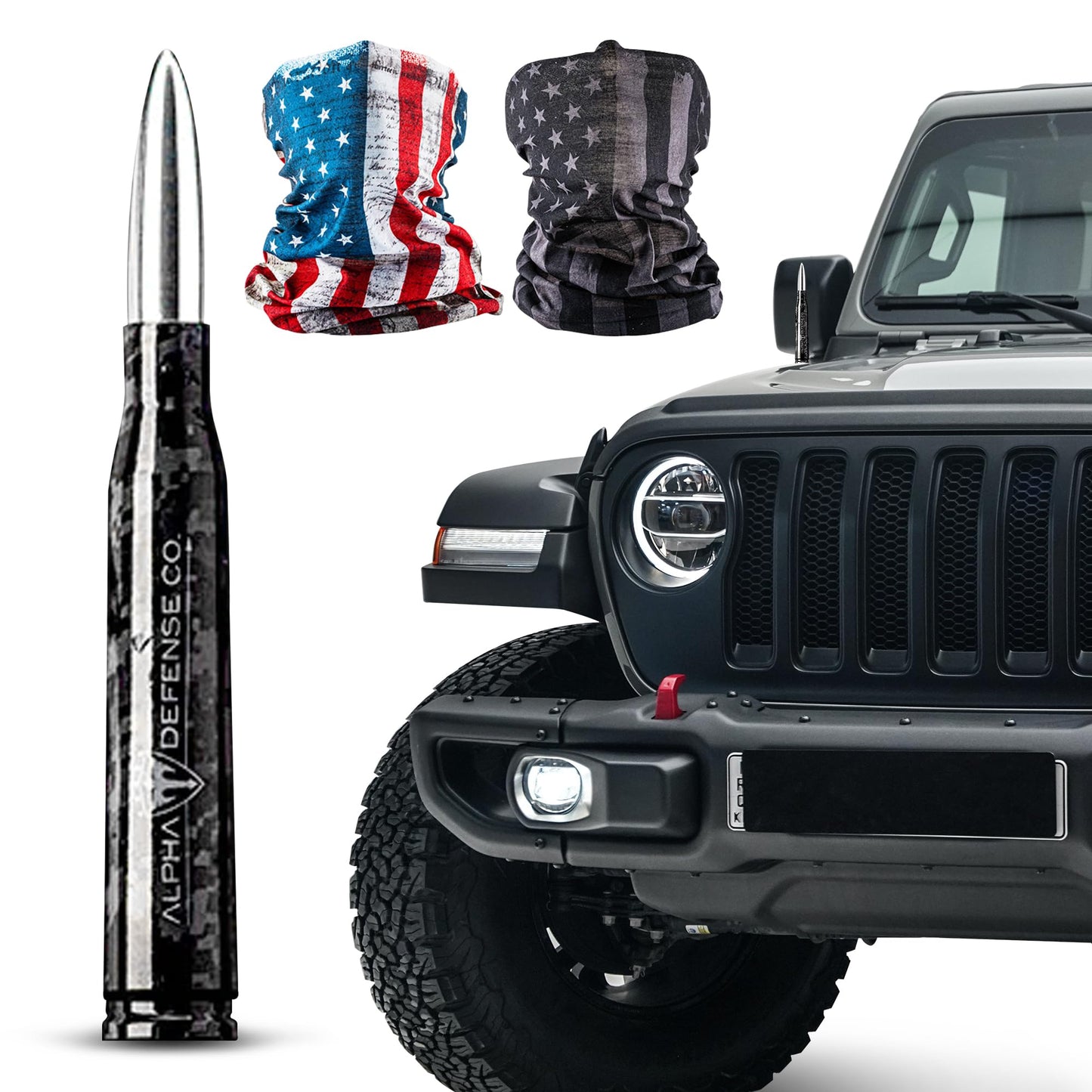 Alpha Defense Round Style Antenna 50 Cal Round Shaped Aluminum Rust Resistant 5.5" Jeep Wrangler + Most Trucks Radio Antenna + Face Shield Alpha