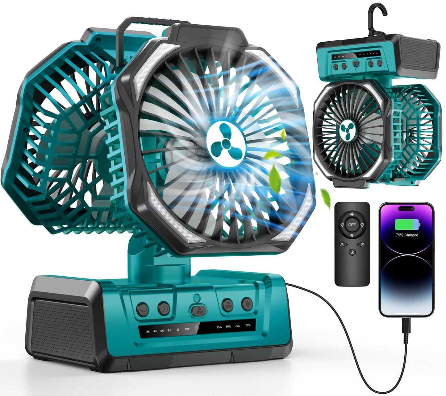 Dual Head Portable Rechargeable Fan 20000mAh Battery Powered Camping Fan Cordless with LED Lantern & Remote, Auto Oscillation, Hook, Battery Operated