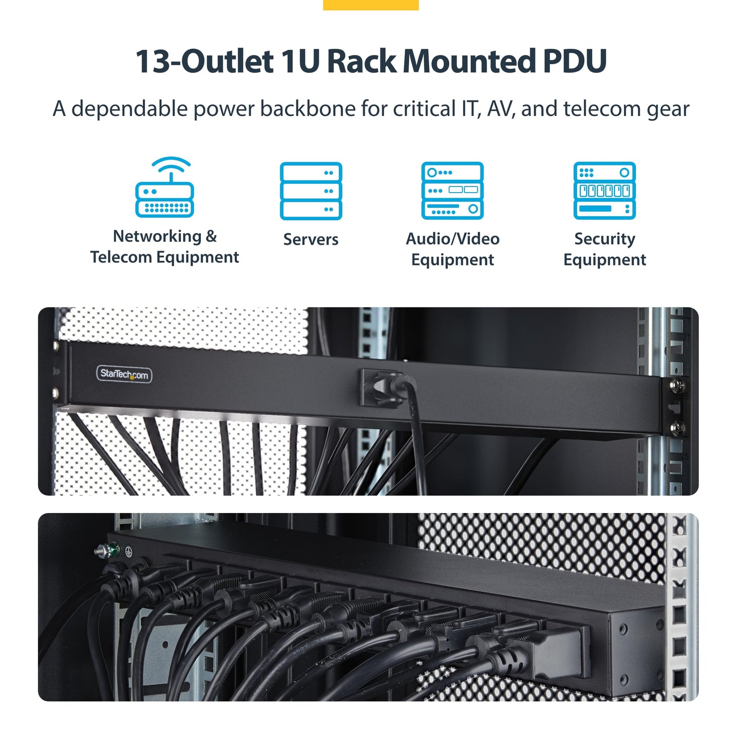 StarTech 13-Outlet Rackmount PDU, 1U Server Power Strip, 1x Front and 12x Rear Ports, Mounted Power Distribution Unit