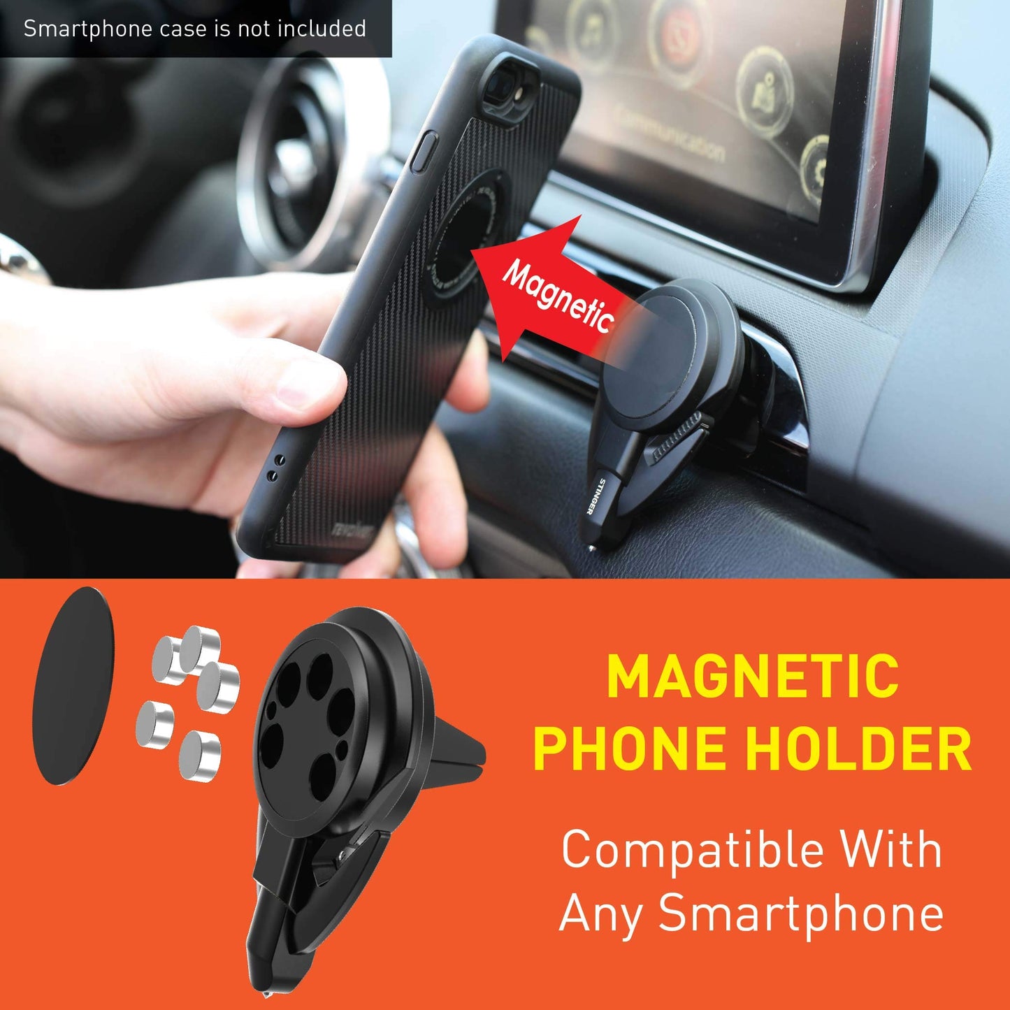 Ztylus Stinger Car Phone Holder with Emergency Escape Tool: Universal Air Vent Magnetic Cell Phone Mount Holder, Spring Loaded Window Breaker, Seat