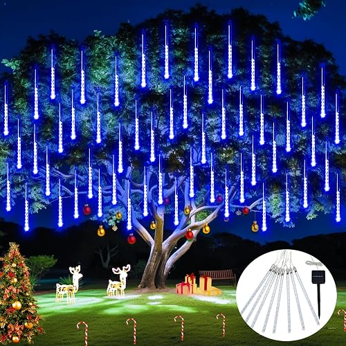 JMEXSUSS Solar Lights for Outdoor Decor, 8 Tube 144 LEDs Solar Meteor Shower Lights Outdoor, Hanging Blue Christmas Lights for Tree Yard Icicle Garden