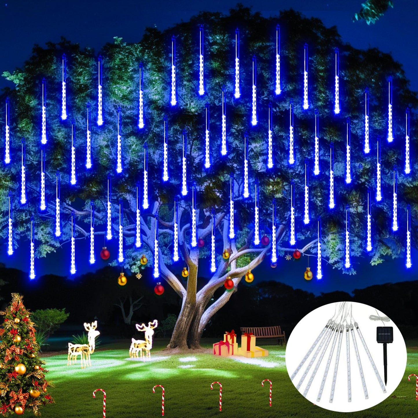 JMEXSUSS Solar Lights for Outdoor Decor, 8 Tube 144 LEDs Solar Meteor Shower Lights Outdoor, Hanging Blue Christmas Lights for Tree Yard Icicle Garden
