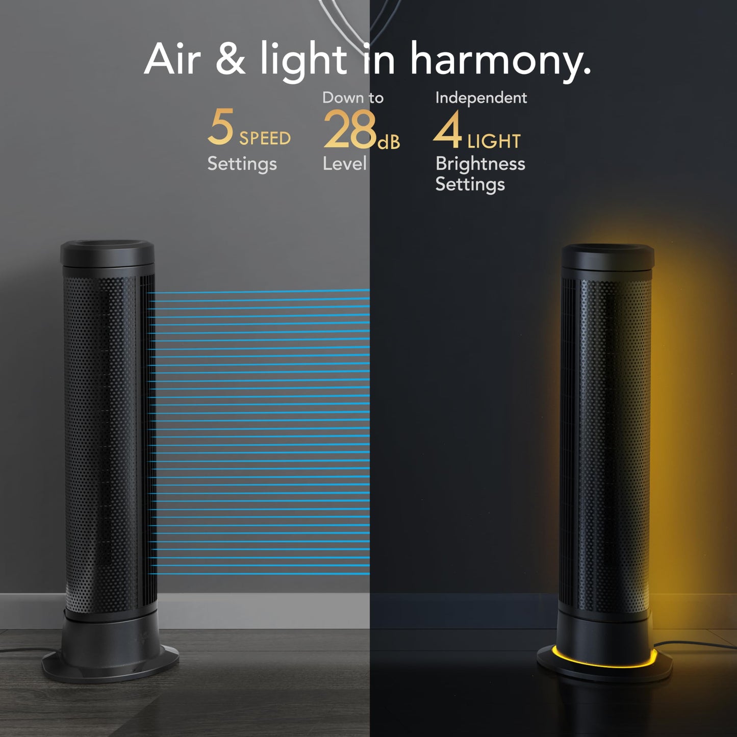 Vornado ARA® Oscillating Tower Fan with Ambient Light and Remote, 40 Inch, Quiet Powerful Standing Fan, 5 Speeds, Touch Control, Illuminated Air