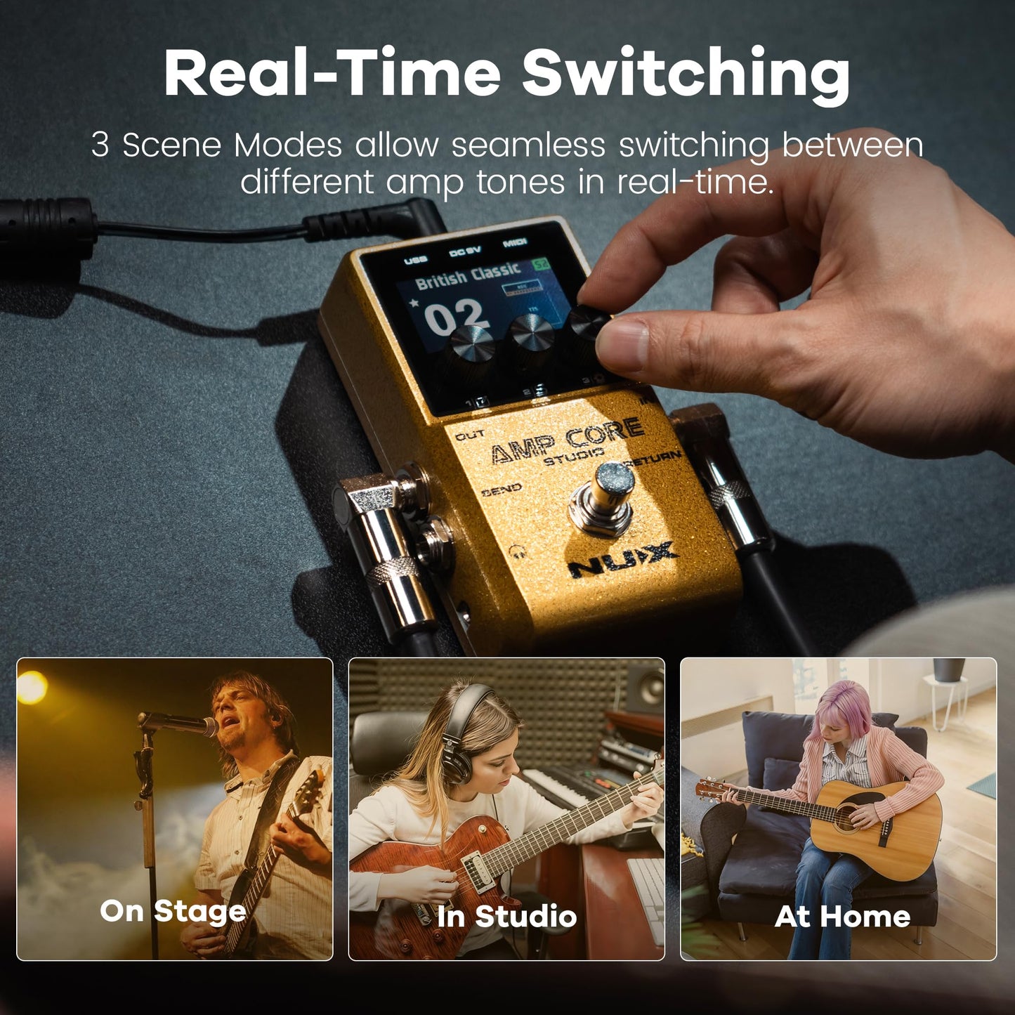 NUX Amp Core Studio Guiar Effect Pedal, IR CABINET with Classic Amp Sounds, 3 Scene Modes, HD Color LCD Screen, IR Pedal