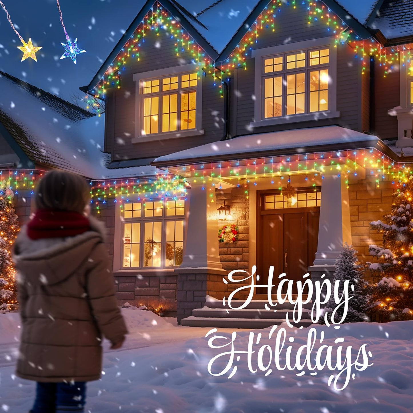 oopswow 200 LED Icicle Christmas Lights with Star,16.5FT Curtain Fairy Lights 40 Drops 8 Modes with Timer, Star Christmas Lights