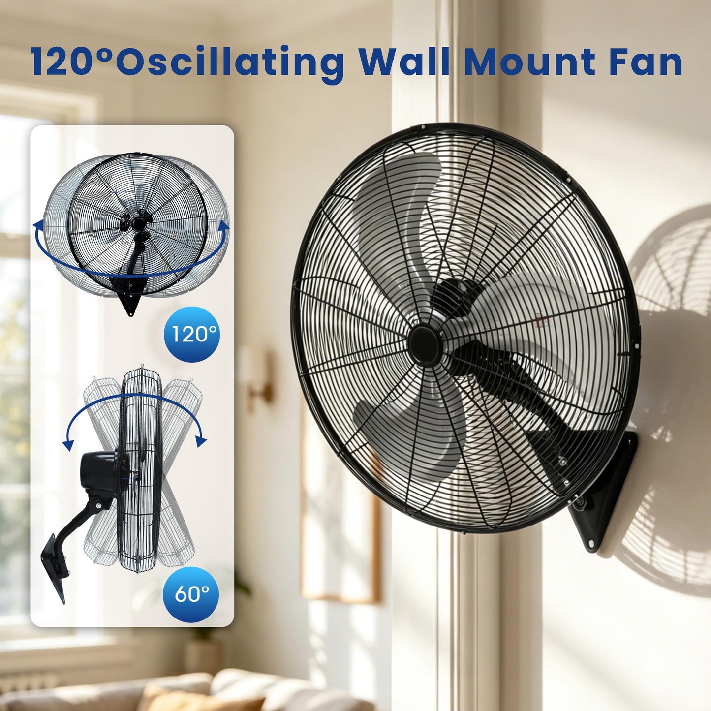 TMYWTRS 24" Wall Mount Fan, 120° Oscillating Fan and High Velocity 3 Speed Wall Fans, 8500 CFM Industrial Outdoor Wall Fans for Commercial, Garage
