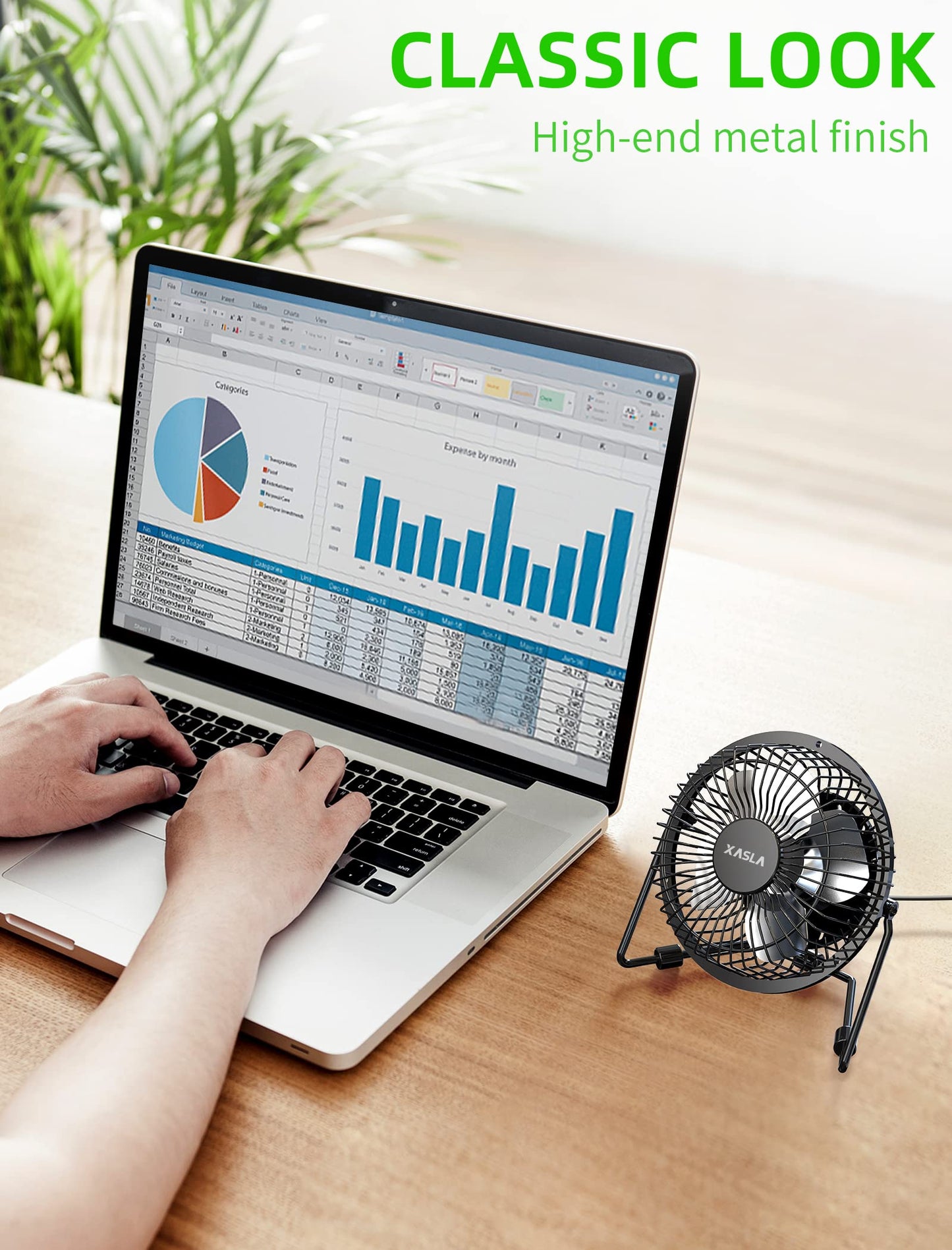 xasla 4 Inch Small USB Desk Fan, Mini Quiet Fan with Metal Construction & Strong Airflow & 360°Adjustable Tilt Angle, Personal Cooling Fan for Desktop
