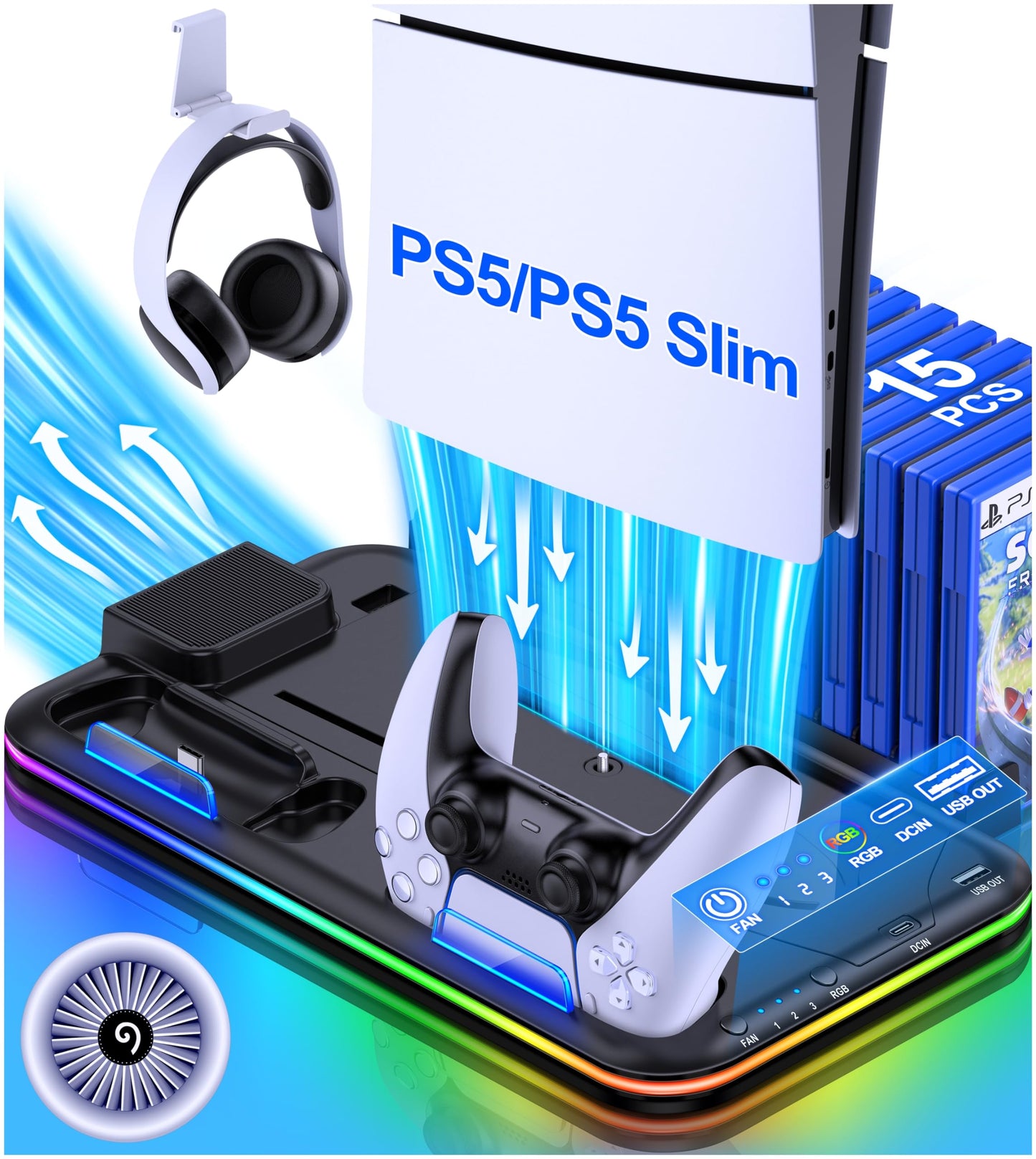 PS5 Slim Stand and Turbo Cooling Station with Controller Charging Station for Playsation 5, PS5 Accessories Kits Incl. 3 Levels Cooling Fan, 15 Game
