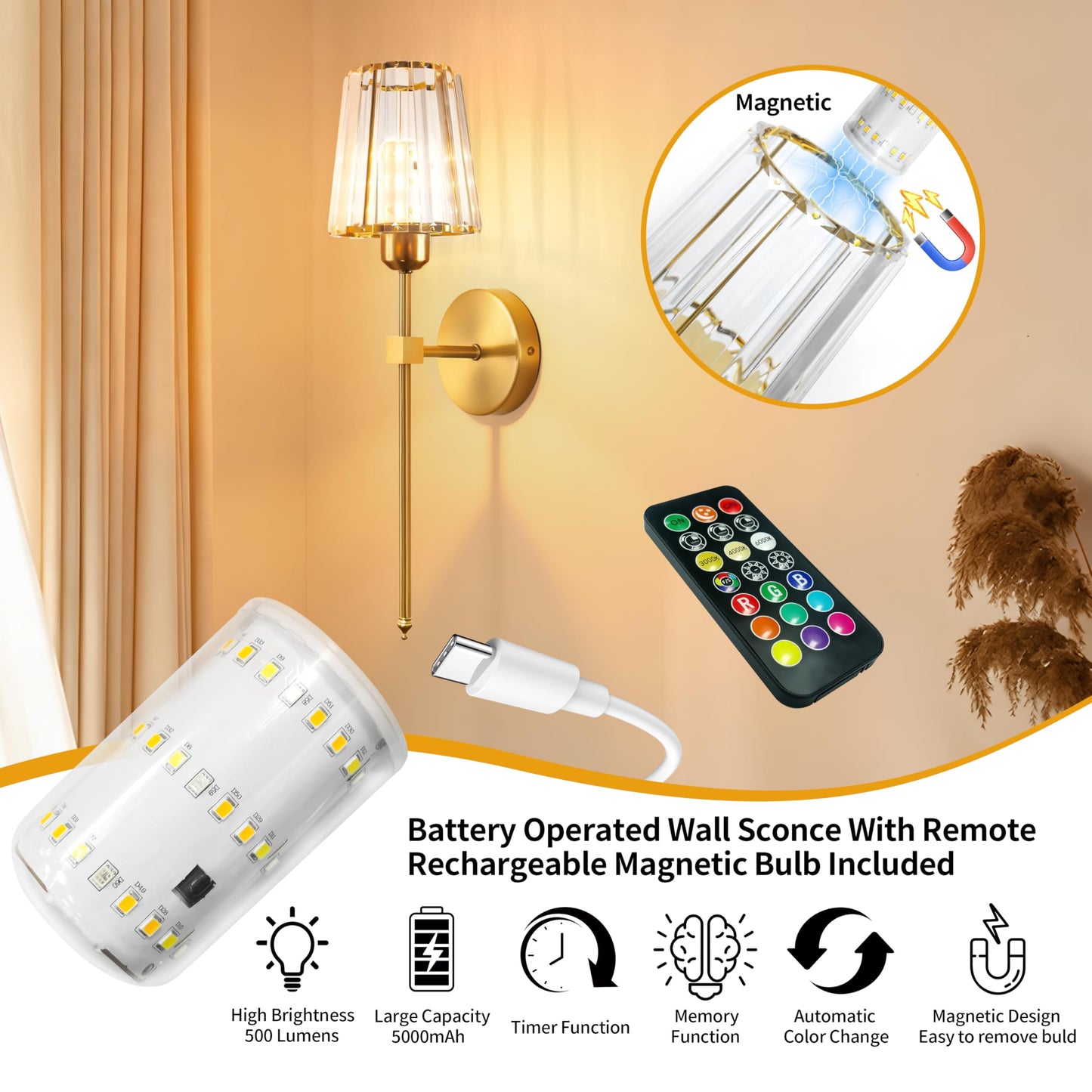 FNHMSL Battery Operated Crystal Wall Sconces Set of 2, Gold Wireless Wall Sconces with LED Light Bulbs 12 Colors Dimmable Remote Crystal Wall Lamp