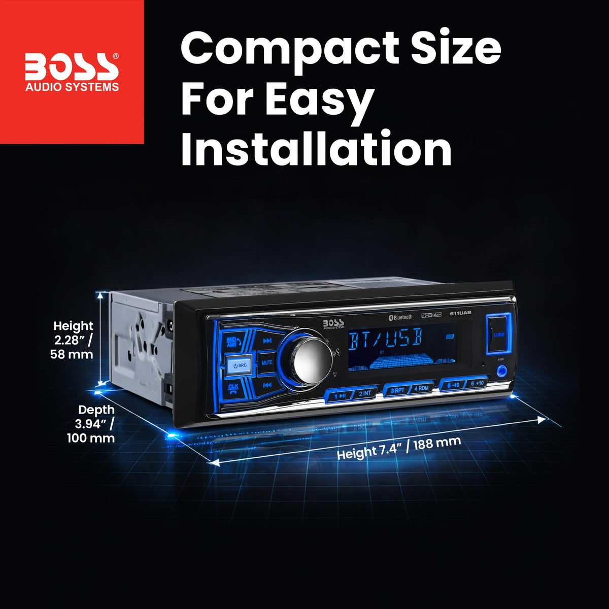BOSS Audio Systems 611UAB Single DIN Bluetooth Car Stereo, No DVD, USB