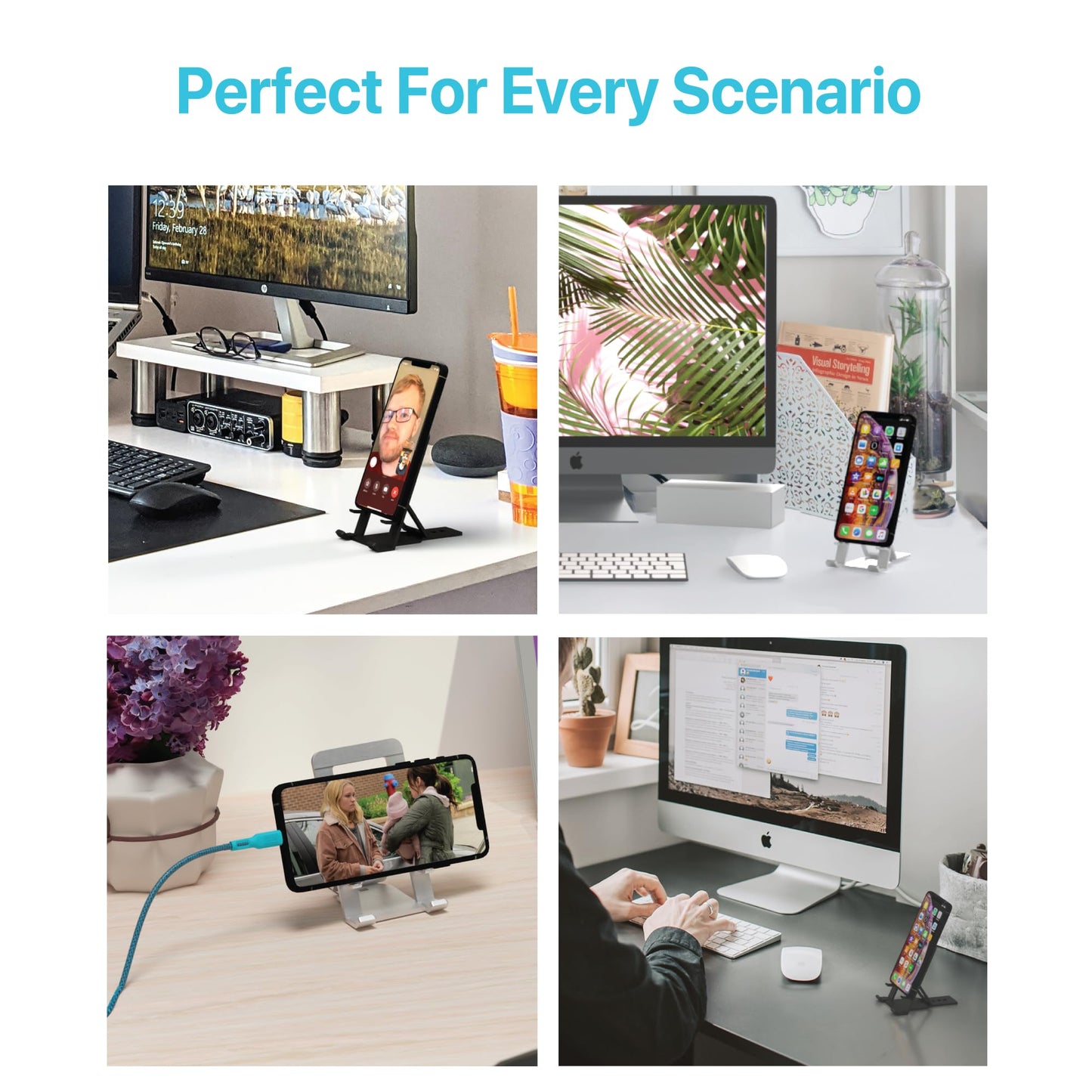BLACK+DECKER Phone Stand for Desk - Folding Cell Phone Stand Holder - Adjustable and Portable, Folds Down Flat - for Office, Gaming, Bed, Travel
