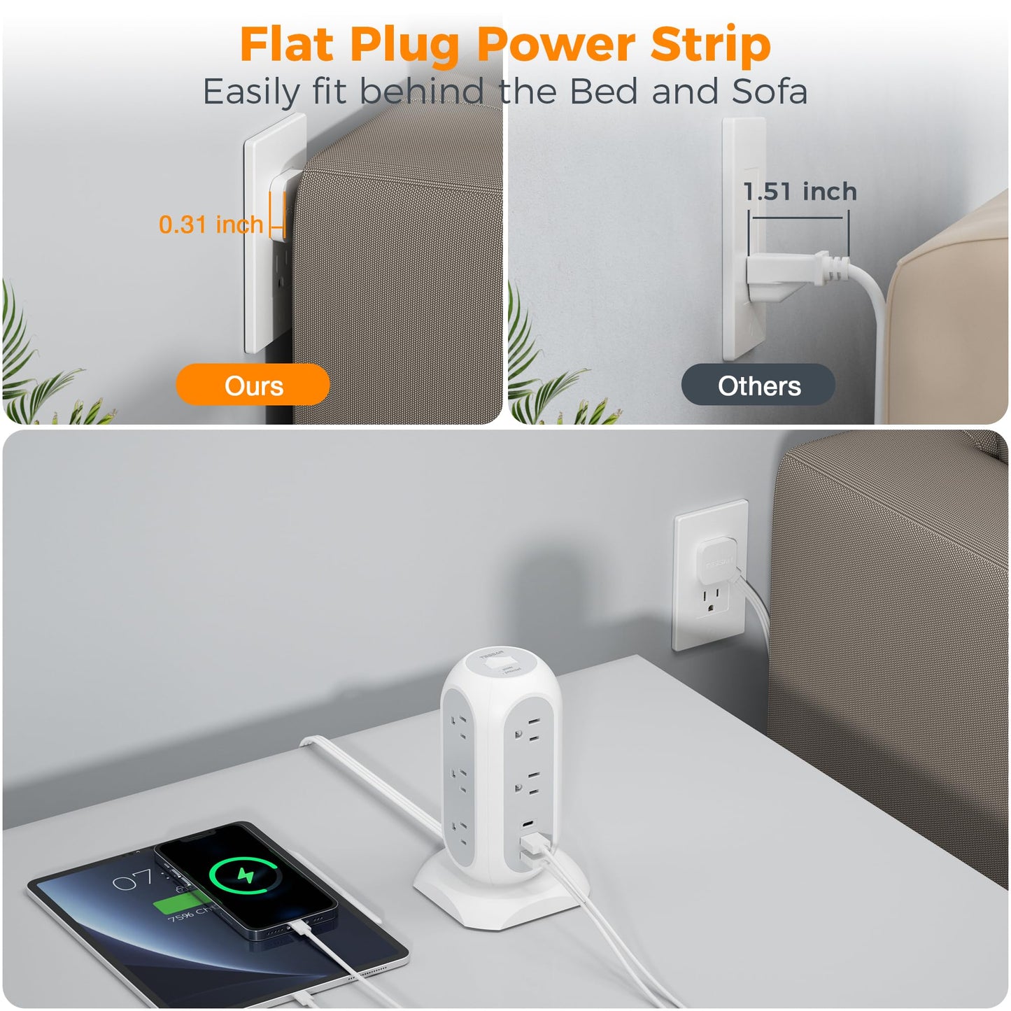 Tower Power Strip Flat Plug with 11 Outlets 3 USB (1 USB C), TESSAN Surge Protector Tower 1625W/13A,1050J Protection, 6 Feet Extension Cord