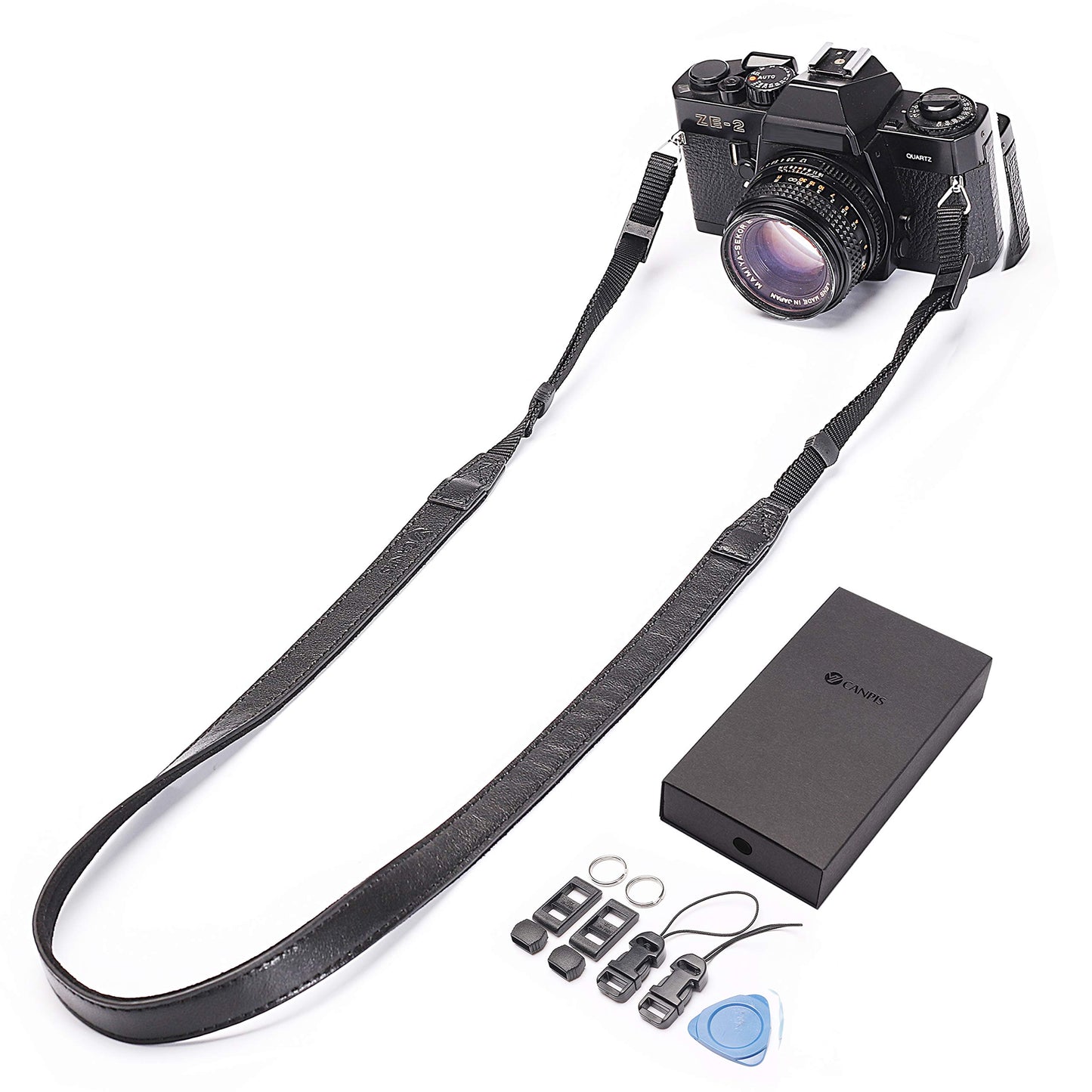 CANPIS CP008 Leather Camera Shoulder Neck Strap compatible with Canon Nikon Leica Fuji Sony Olympus etc. Black Color, Adjustable Length, Slim