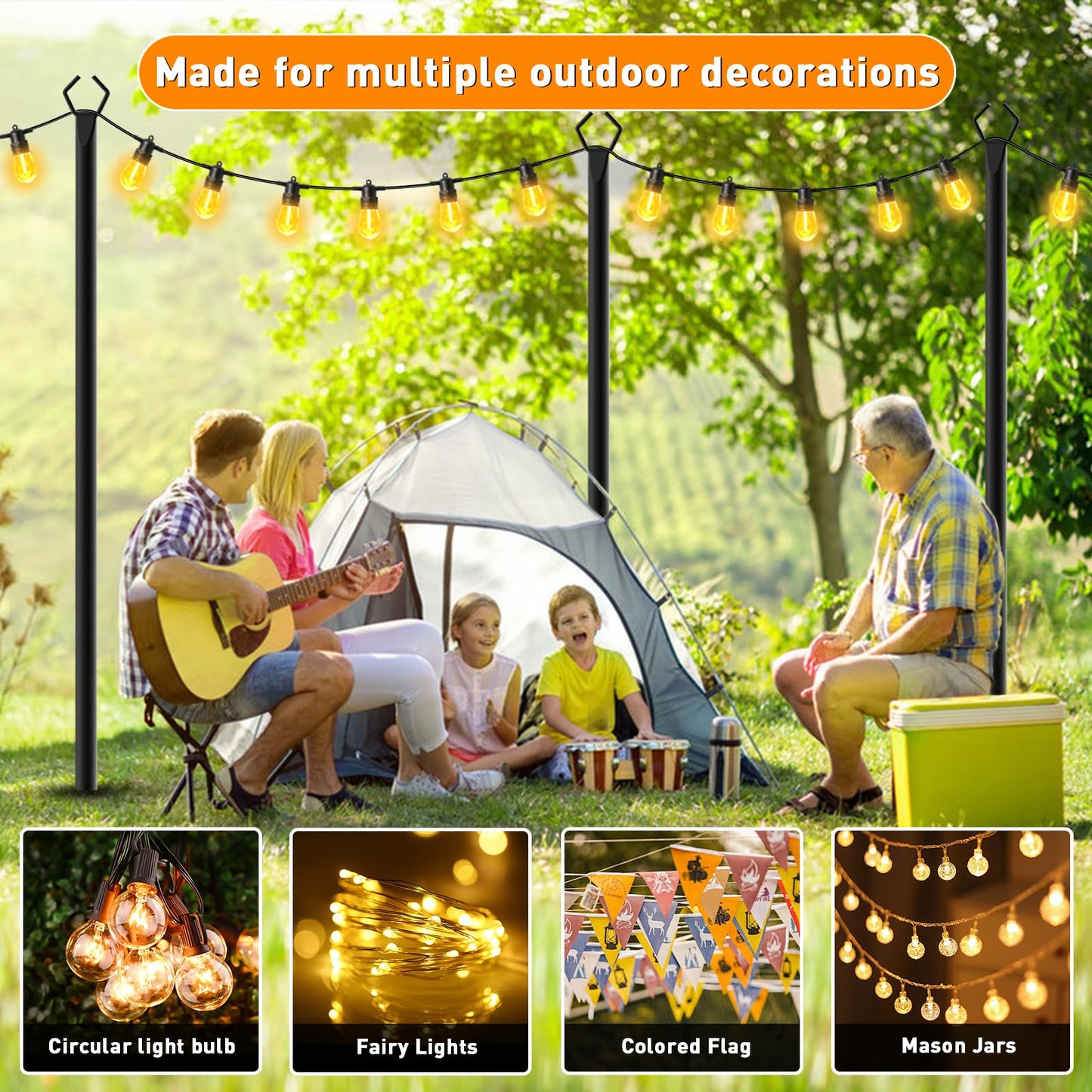 7 Pack 10 FT String Light Poles,Metal with Fork Lights Poles for Outdoor String Light, Rustproof Heavy Duty for Outside