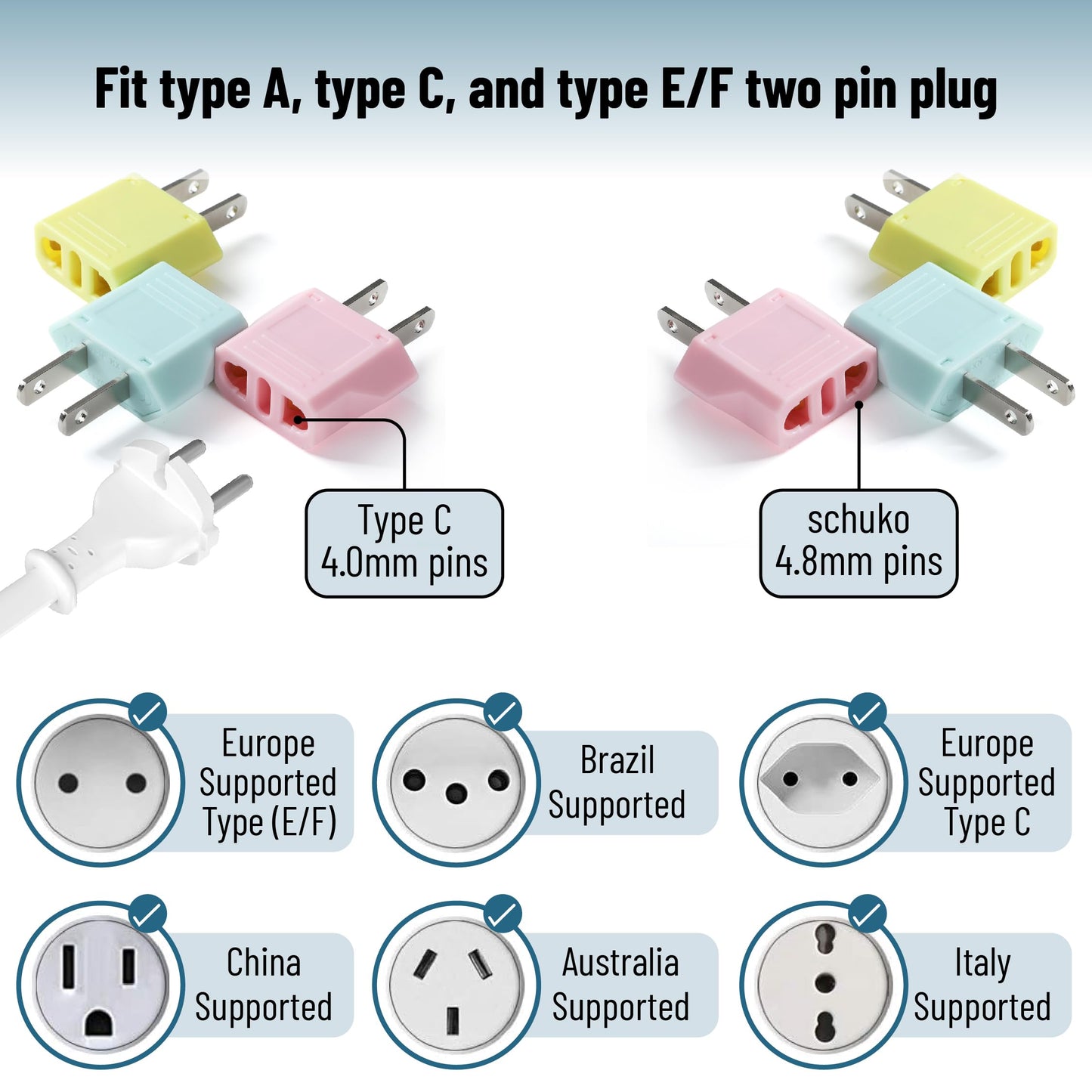 Bates- European to US Plug Adapter, 3 Pack, Colorful, Plug Adapter Europe to USA