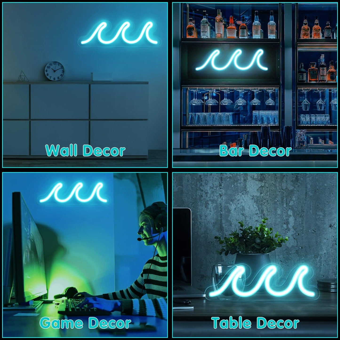 Wave Neon Signs for Bedroom, Ice Blue LED Neon Signs for Wall Decor, Night Lights USB Powered with Dimmer & Switch, Tropical Decor for Living Room