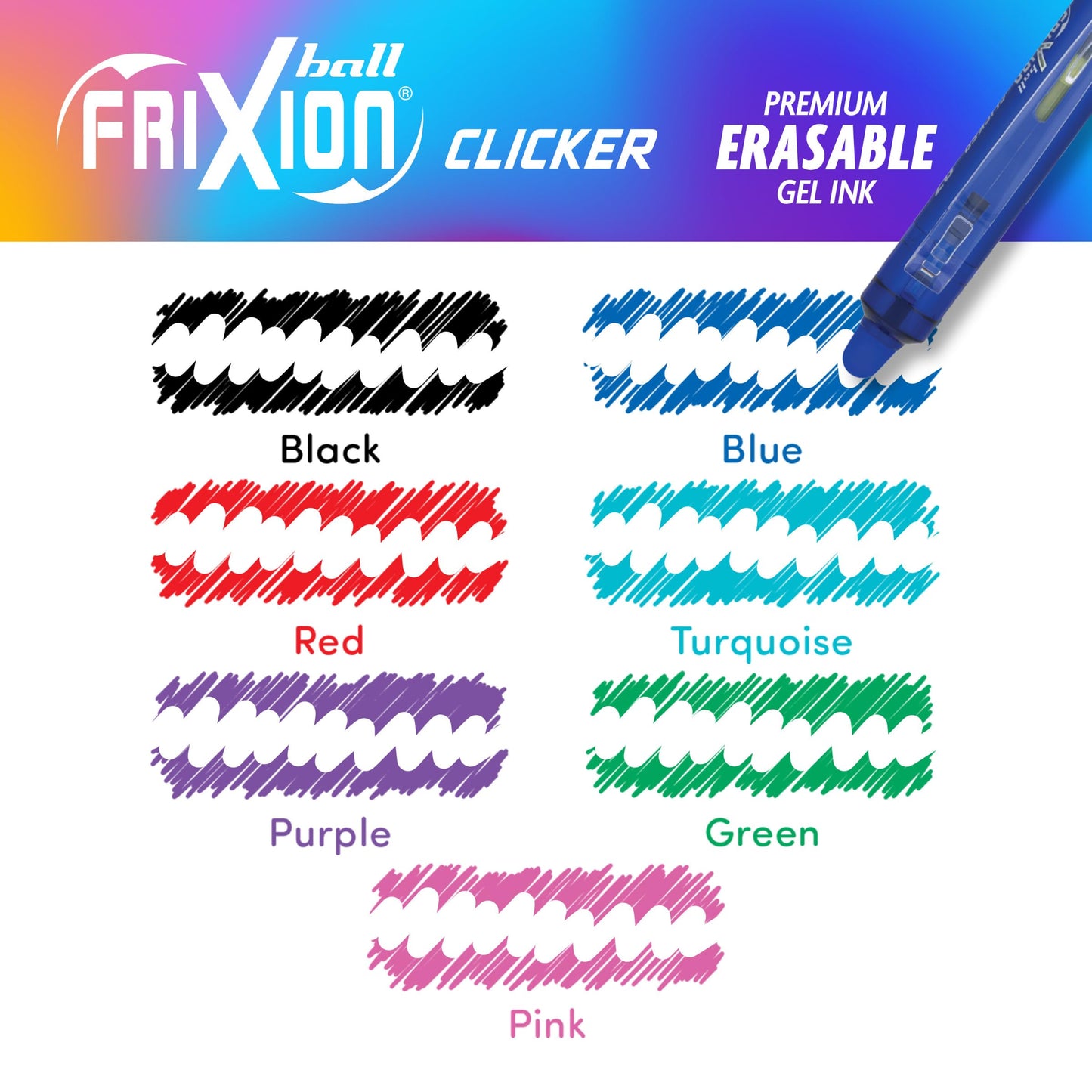 Pilot FriXion Clicker Erasable, Refillable & Retractable Gel Ink Pens Fine Point, Erasable Pens, Fine Tip 0.7mm, 7 Count (Pack of 1) Pouch