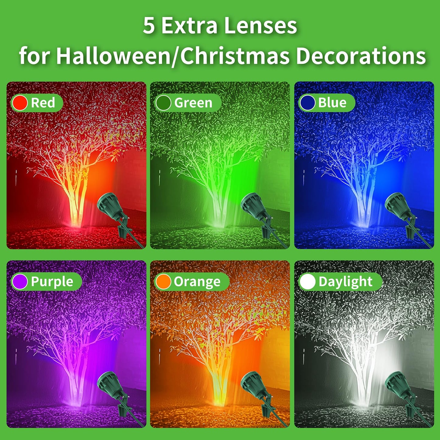 LED Christmas Spotlight Outdoor Plug in, 800LM Waterproof Flood Lights with 5 Extra Lenses (Red Green Blue Purple Orange), 5000K Landscape Light