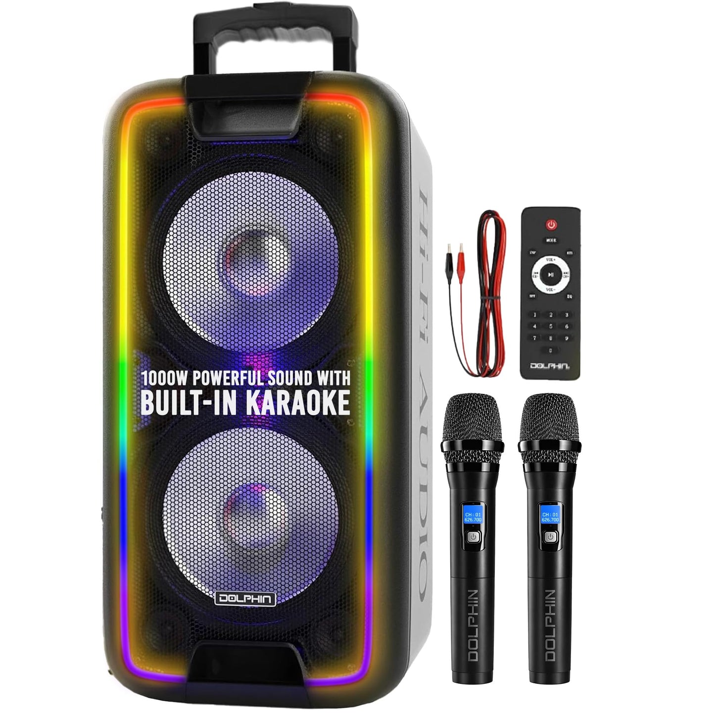 Dolphin Dual 10" Bluetooth Party Speaker - 1000W Big Speaker with 2 Wireless Microphones, Powerful Bass, Multicolor LED Lights, Tailgate Ready