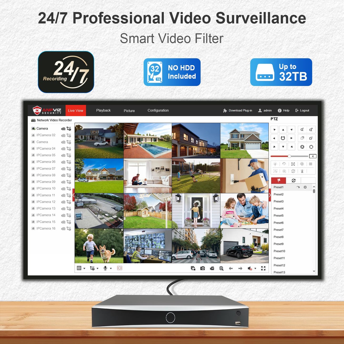 Anpviz 32 Channel 12MP NVR PoE Security Camera System, 32CH H.265+ NVR with 8TB HDD and 16 Ports PoE Switch, 24pcs 4K 8MP IP Wired Cameras with Smart