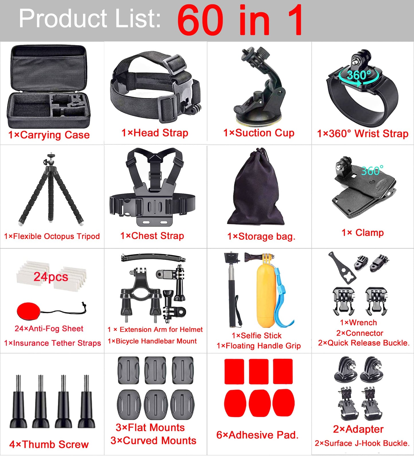 60 in 1 Camera Accessories Kit Compatible with GoPro Hero 13 12 11 10 9 8 7 6 /Session 5/Hero 4/3+/3/2/1, Insta360, DJI Osmo Action, AKASO, APEMAN
