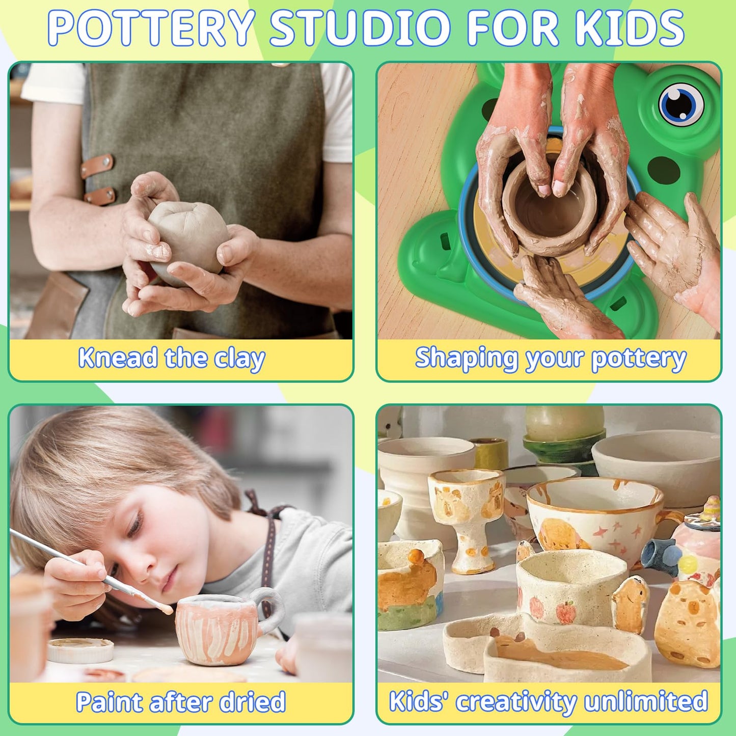 Pottery Wheel for Kids - Complete Pottery Painting Kit Arts and Crafts for Kids Ages 8-12 with 3 Pack Air Dry Clay Art Supplies Toys for Girls Boy…