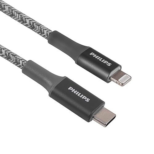 PHILIPS USB-C to Lightning Cable, 6in, Braided Cord, Short, Fast Charge, Compatible with iPhone 12/11 Pro/X/8/8 Plus, iPad, Airpods, Gray, 2 Pack…