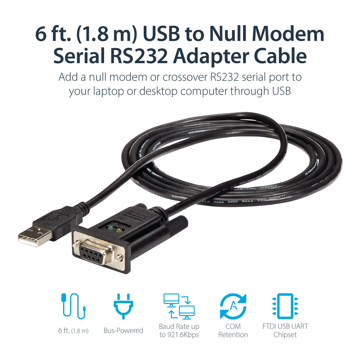 StarTech 6ft USB to Serial RS232 Adapter, Null Modem, TAA (ICUSB232FTN)