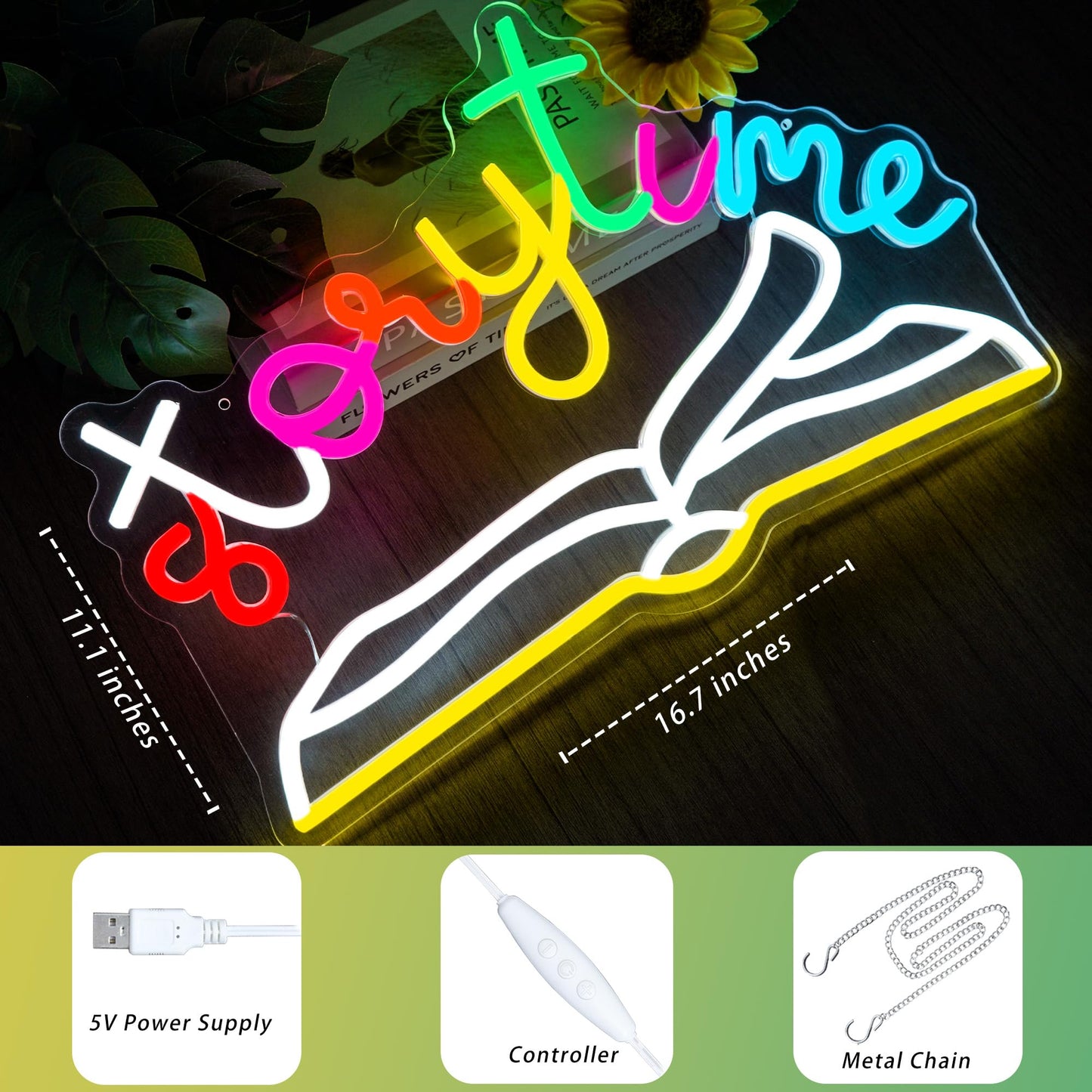 Storytime Neon Sign Book Neon Light for Kids Room Decor, Dimmable USB Powered Classroom Lights for Children Bedroom, Bookshelf, Reading Corner Décor