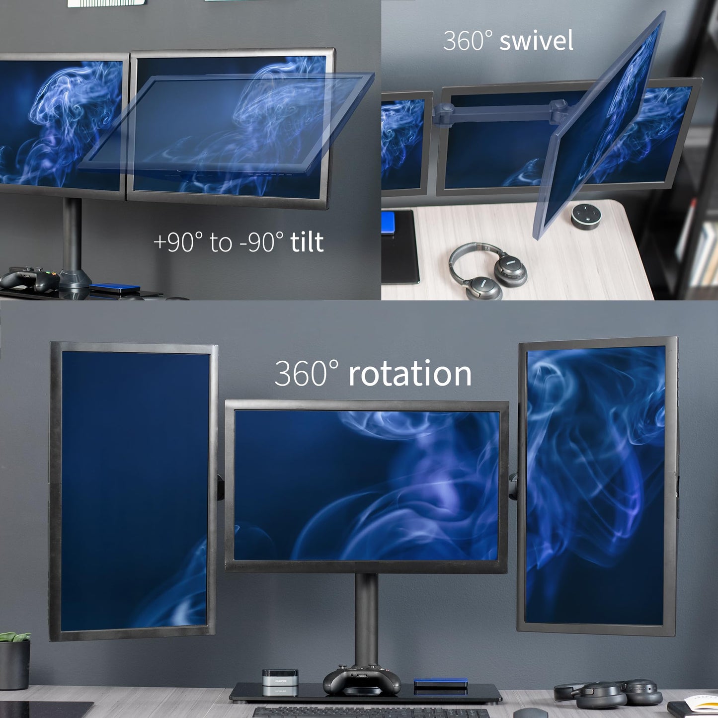 VIVO Black Triple Monitor Mount Freestanding Desk Stand with Glass Base, Heavy Duty Fully Adjustable Stand for 3 Screens up to 24 inches STAND-V003FG