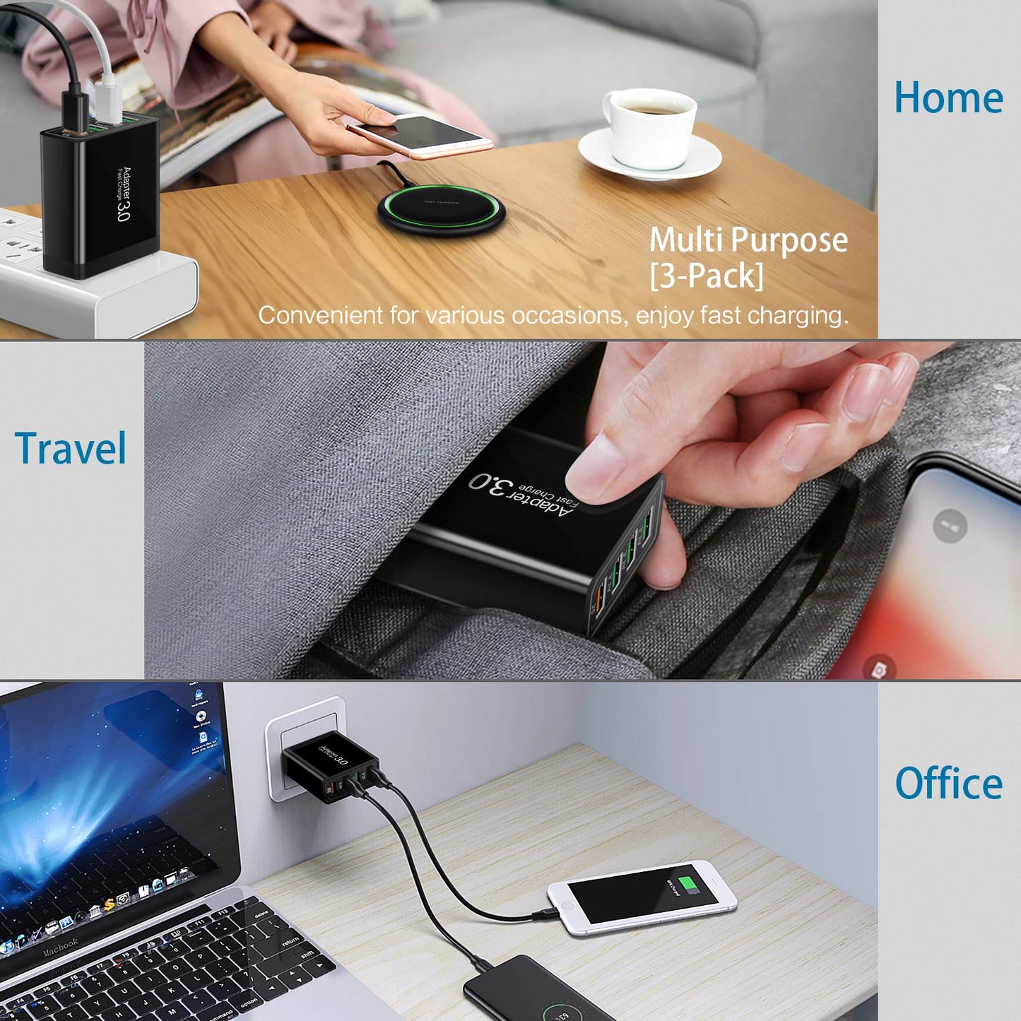 Fast Charging 3.0 Wall Charger, 4-Port USB Charger Block, iSeekerKit Multi USB Power Adapter, Dual Charging Box Plug Brick Cube Compatible for iPhone